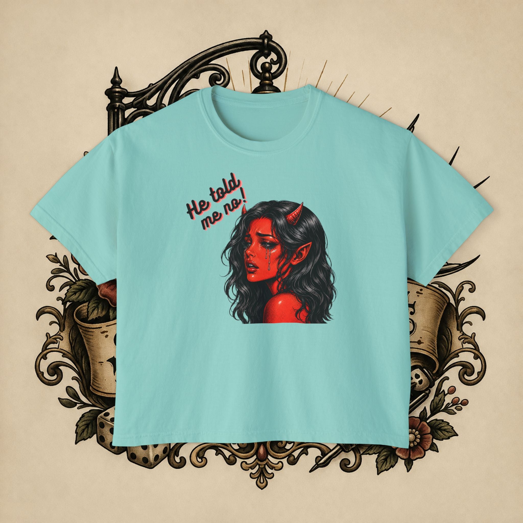 Women's Boxy Tee — Red Devil Girl Graphic "He Told Me No"