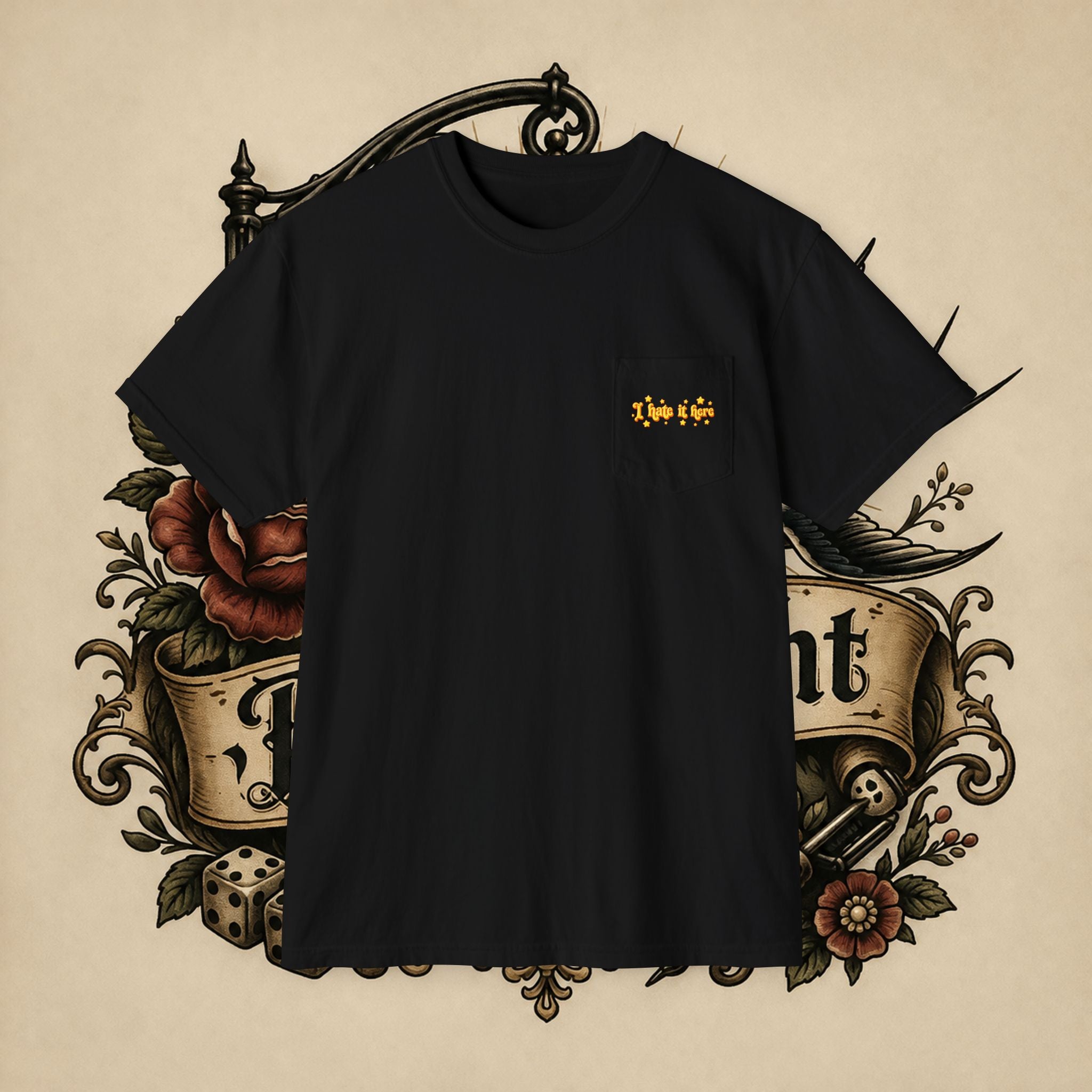 I Hate It Here T-Shirt | Pocket Tee with Retro Yellow Script & Stars