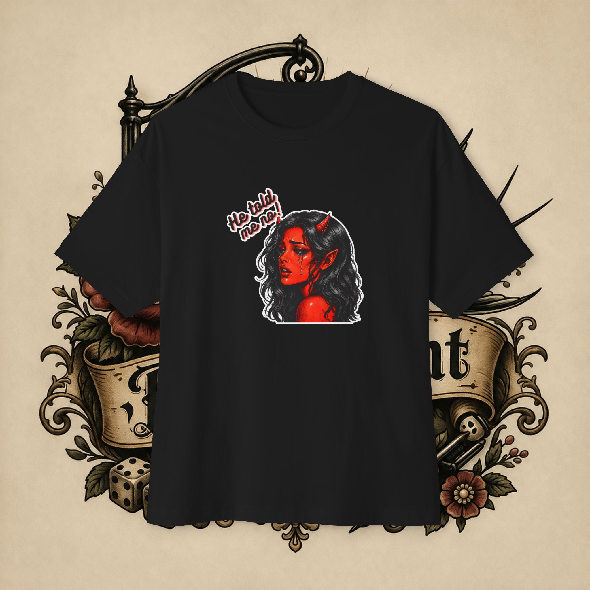 Devil Girl Graphic Tee — "He Told Me No" Oversized Boxy T-Shirt