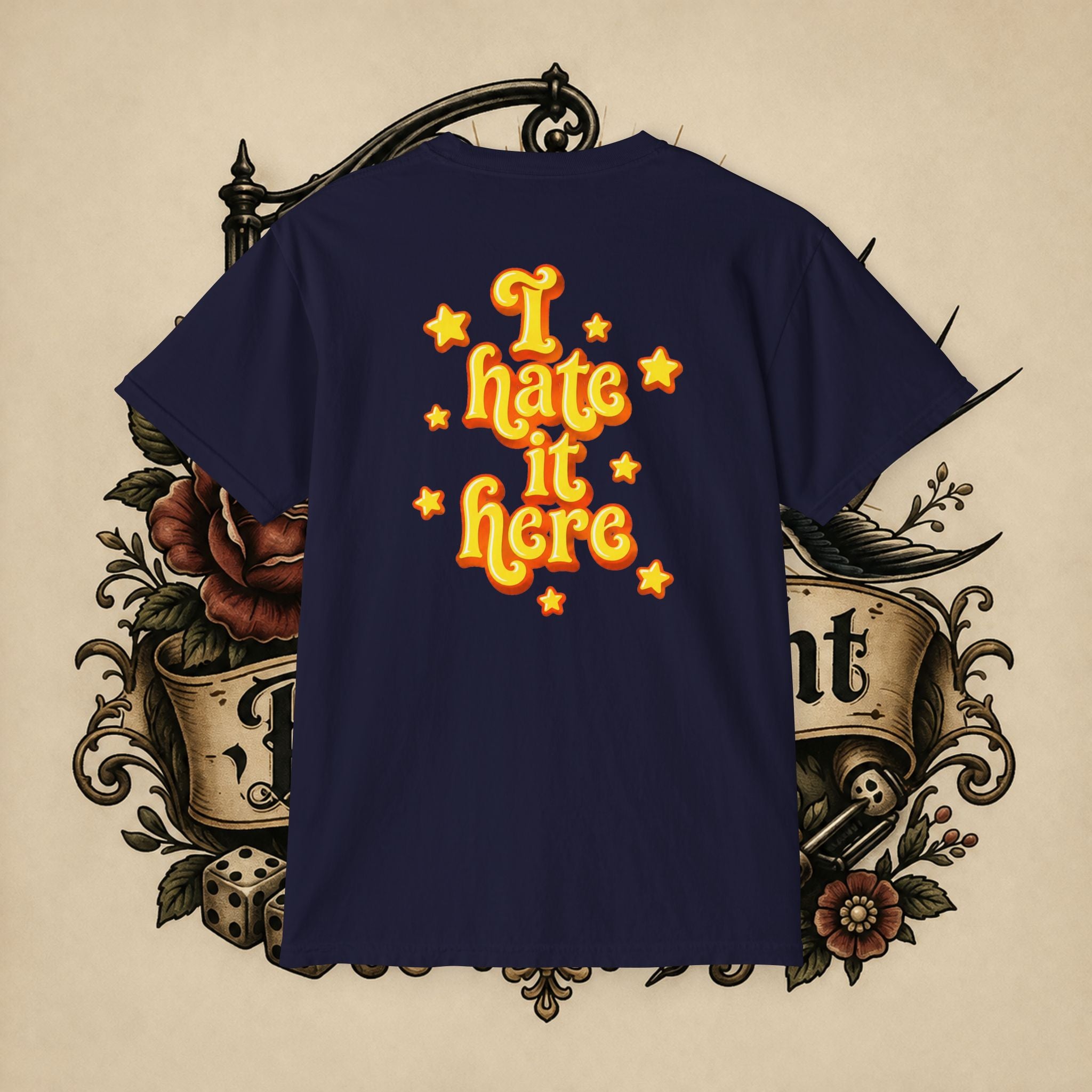 I Hate It Here T-Shirt | Pocket Tee with Retro Yellow Script & Stars
