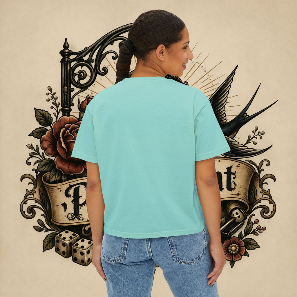 Women's Boxy Tee — Red Devil Girl Graphic "He Told Me No"