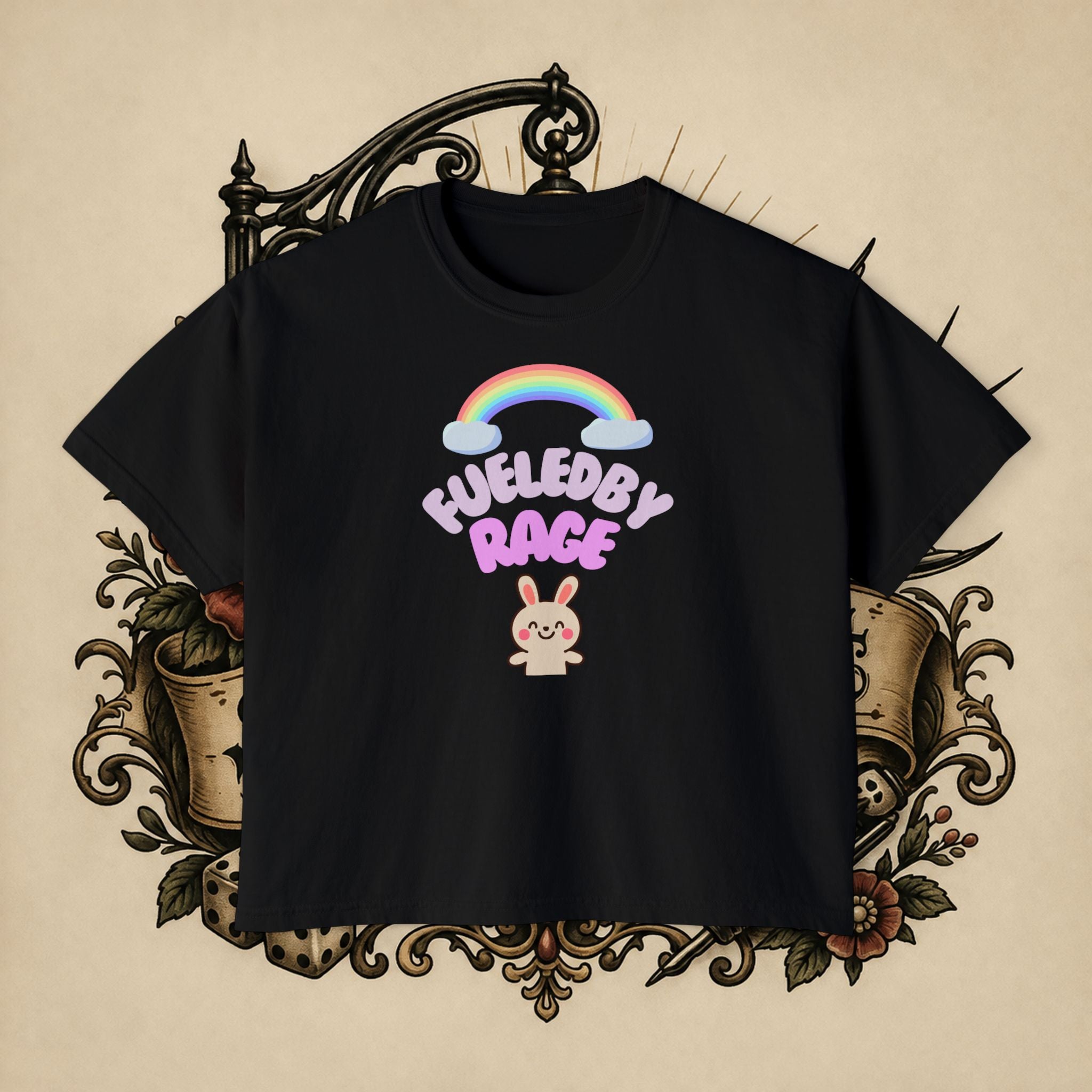 Women's Boxy Tee — "Fueled by Rage" Cute Rainbow Bunny Graphic