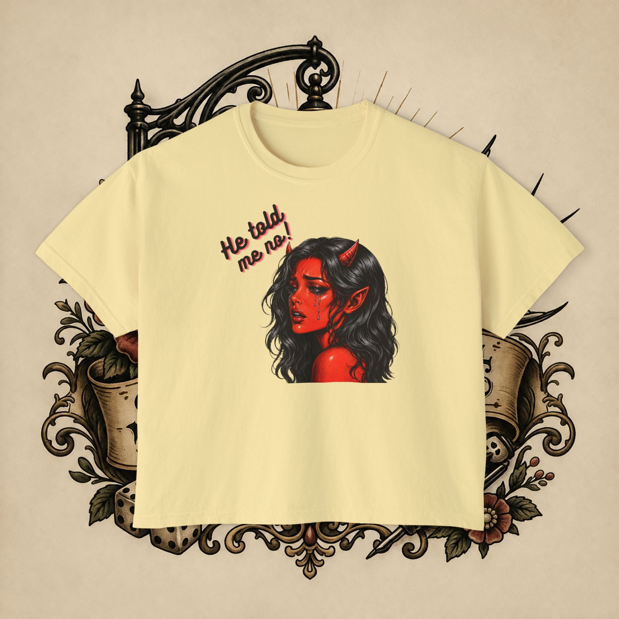 Women's Boxy Tee — Red Devil Girl Graphic "He Told Me No"