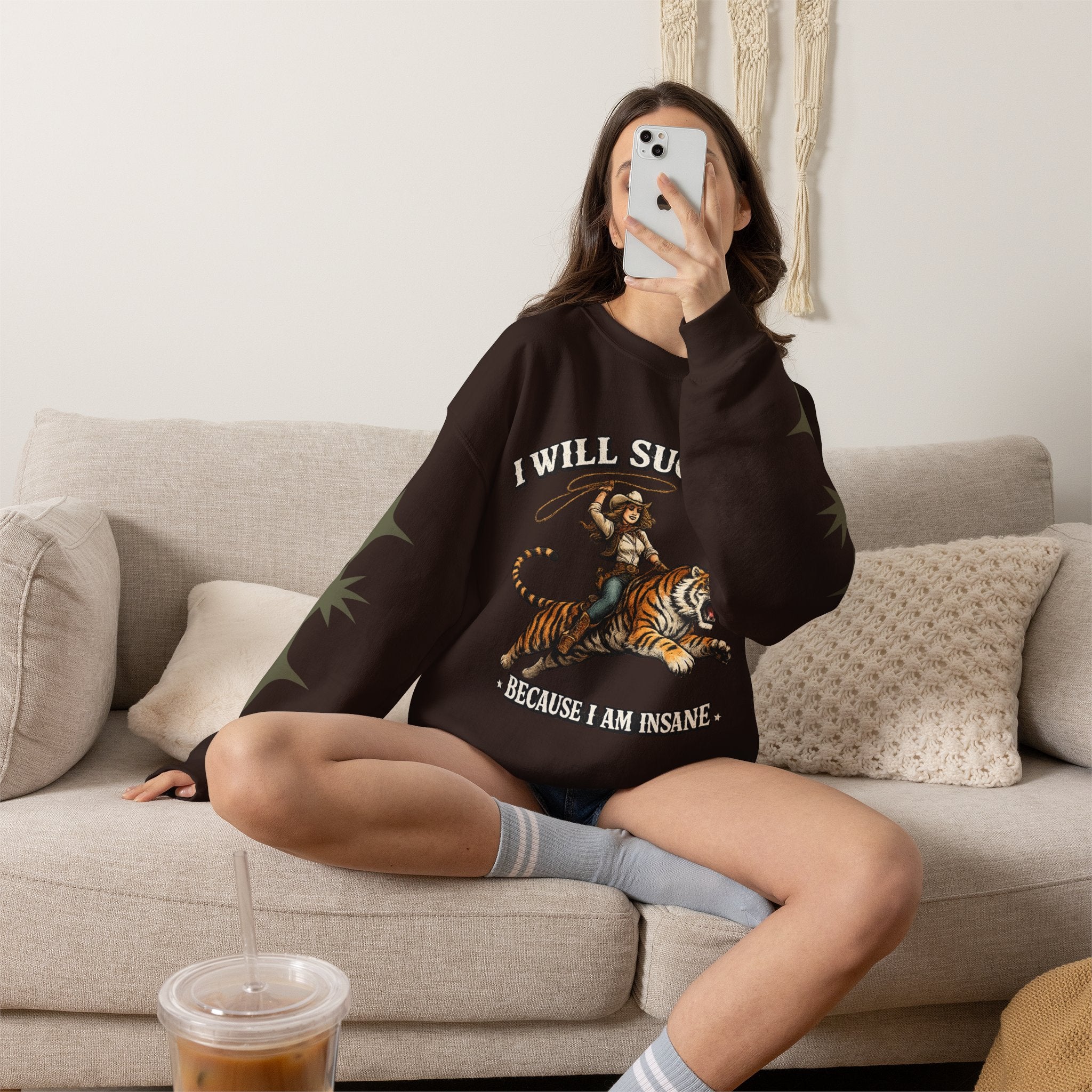 I Will Succeed "Because I Am Insane" Crewneck Sweatshirt — Vintage Tiger Rider Graphic