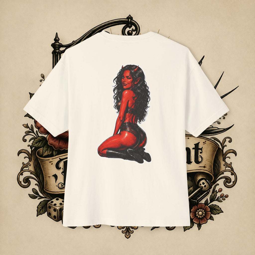 Devil Girl Graphic Tee — "He Told Me No" Oversized Boxy T-Shirt