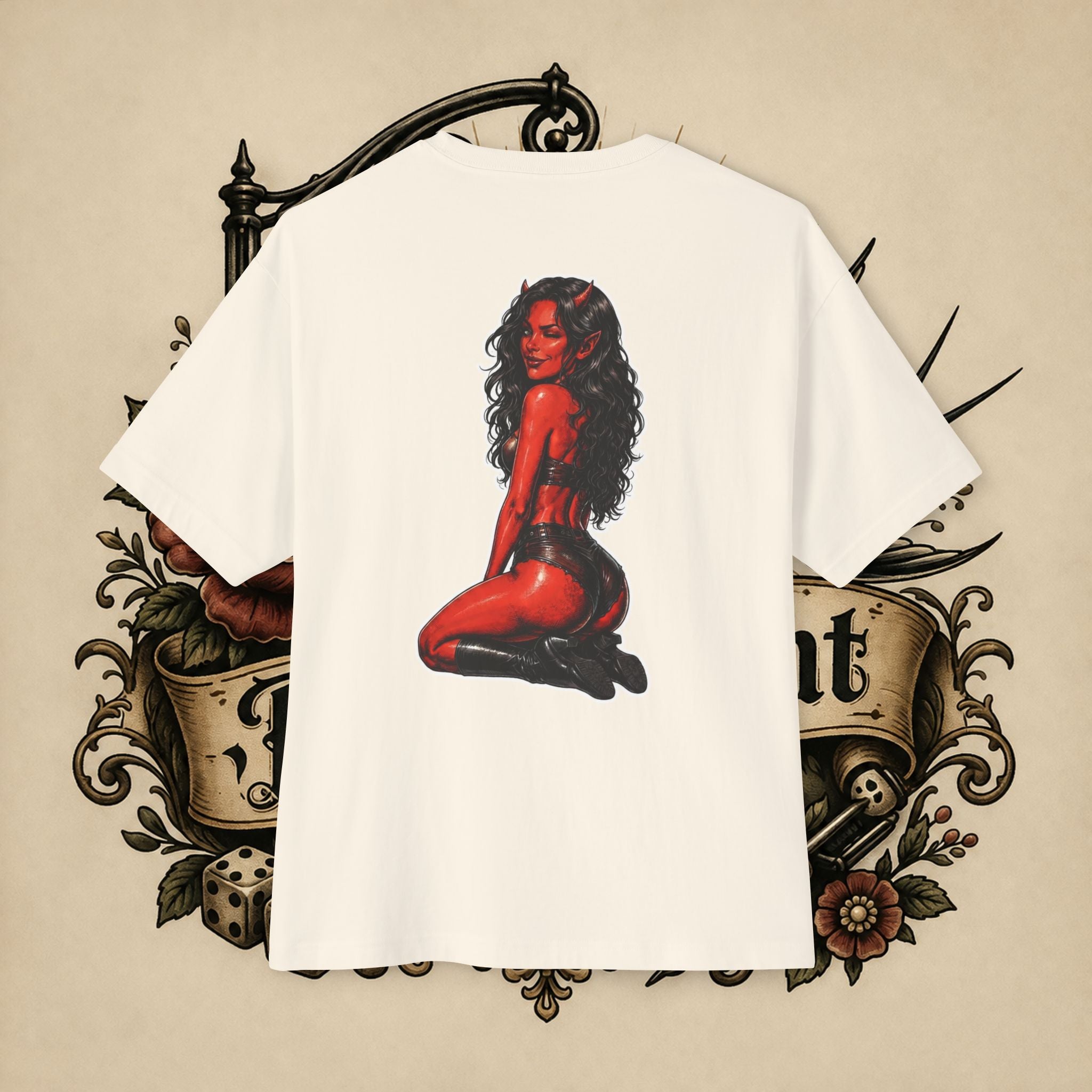 Devil Girl Graphic Tee — "He Told Me No" Oversized Boxy T-Shirt
