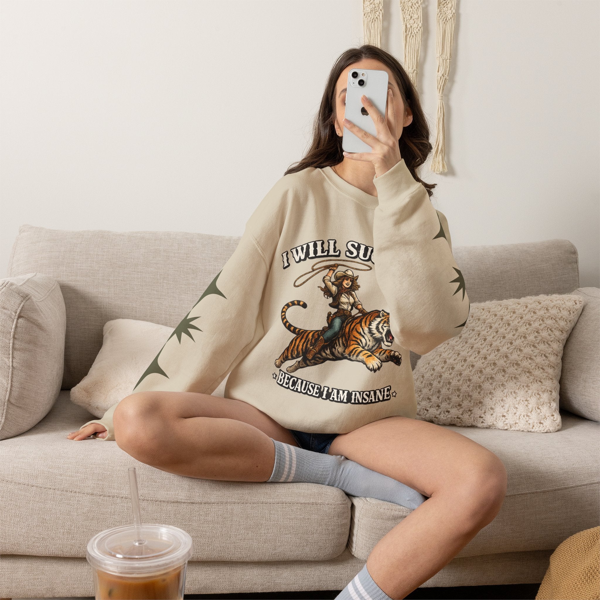 I Will Succeed "Because I Am Insane" Crewneck Sweatshirt — Vintage Tiger Rider Graphic