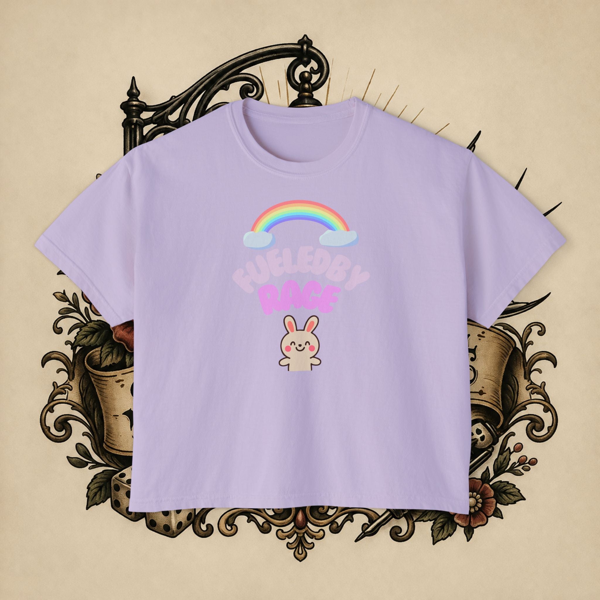 Women's Boxy Tee — "Fueled by Rage" Cute Rainbow Bunny Graphic