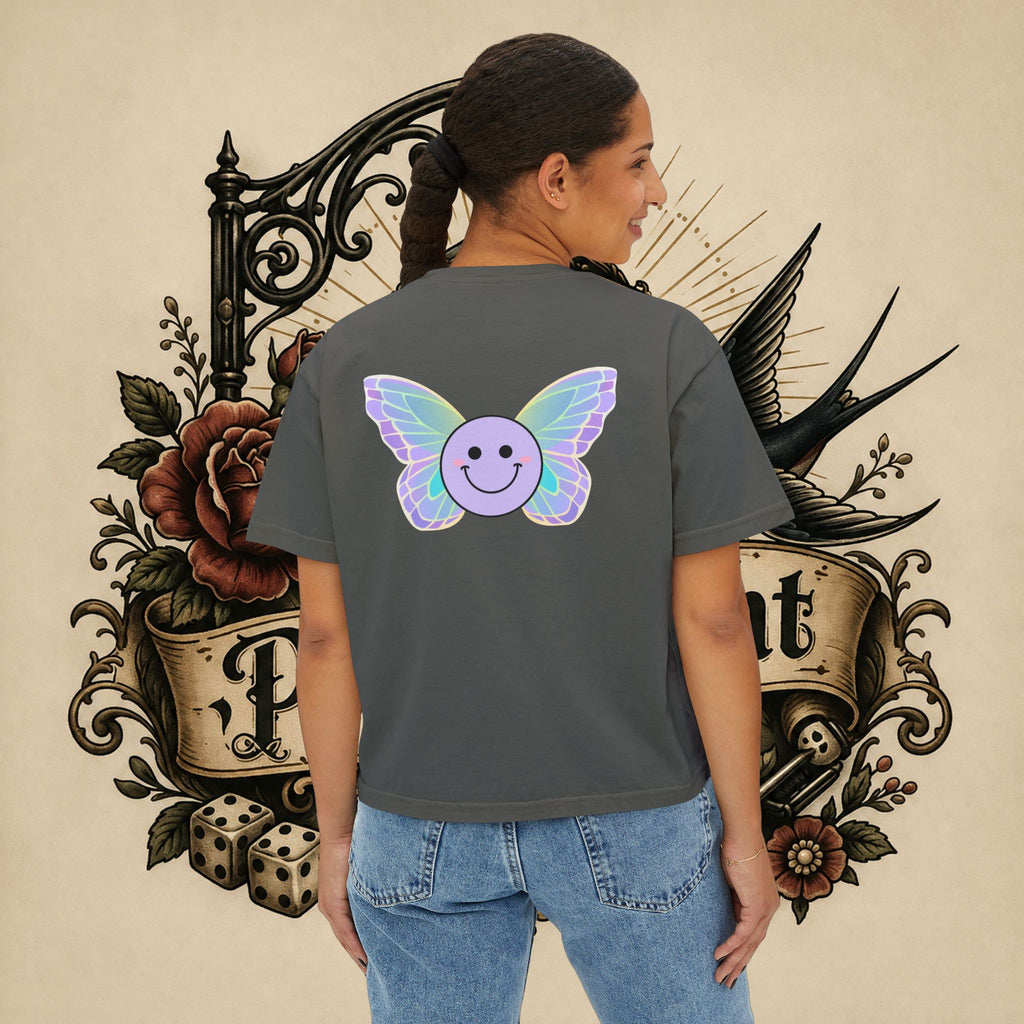 Women's Boxy Tee — "Fueled by Rage" Cute Rainbow Bunny Graphic