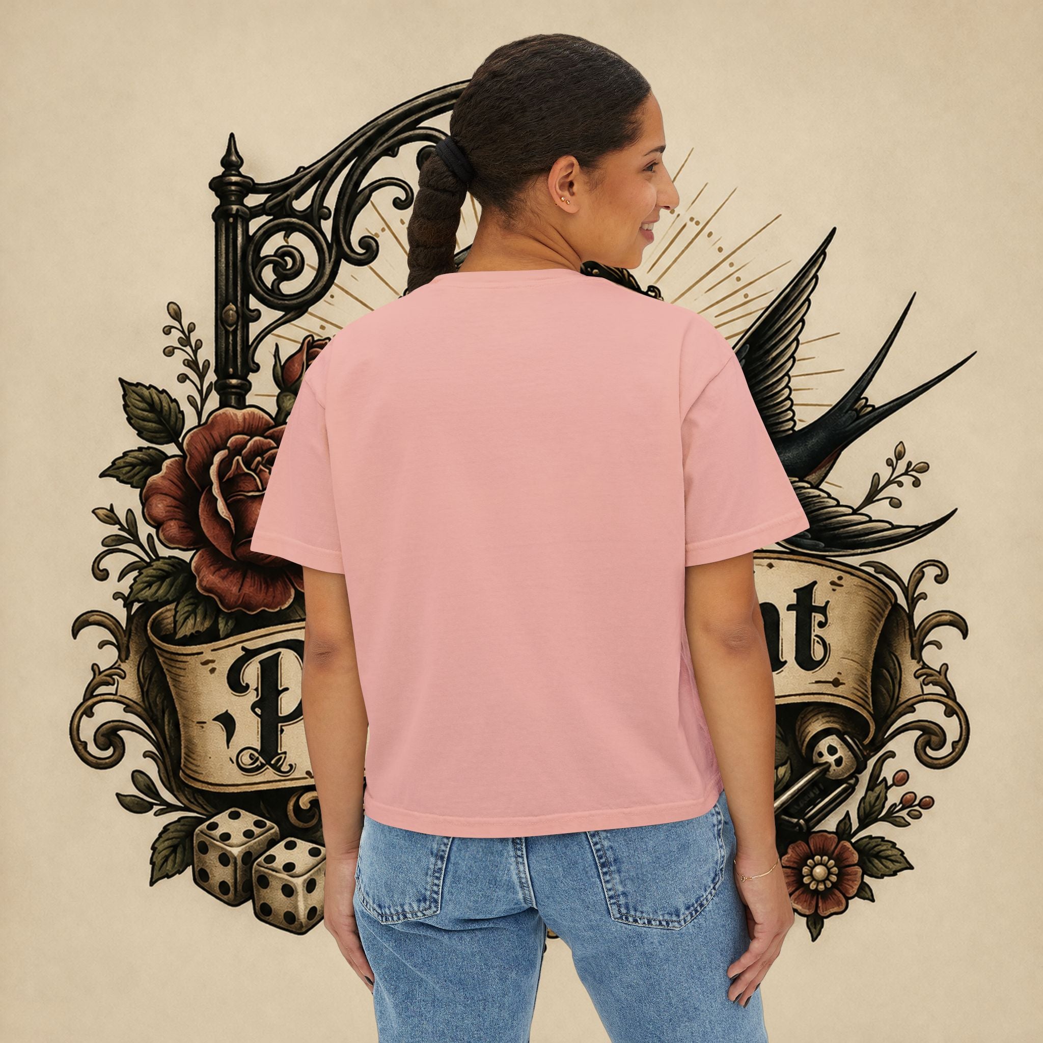 Women's Boxy Tee — Red Devil Girl Graphic "He Told Me No"