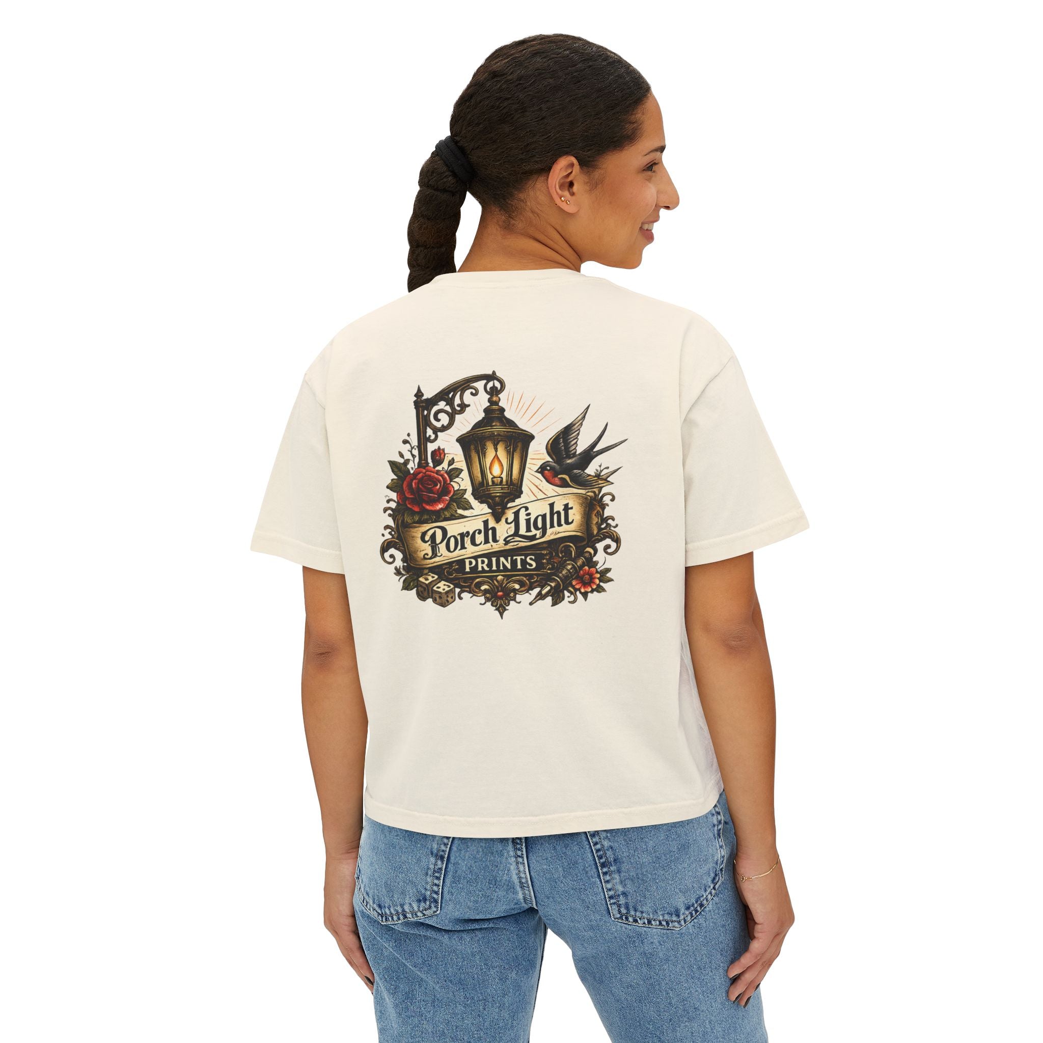 Women's Boxy Tee — Vintage Lantern & Cat Graphic T-Shirt