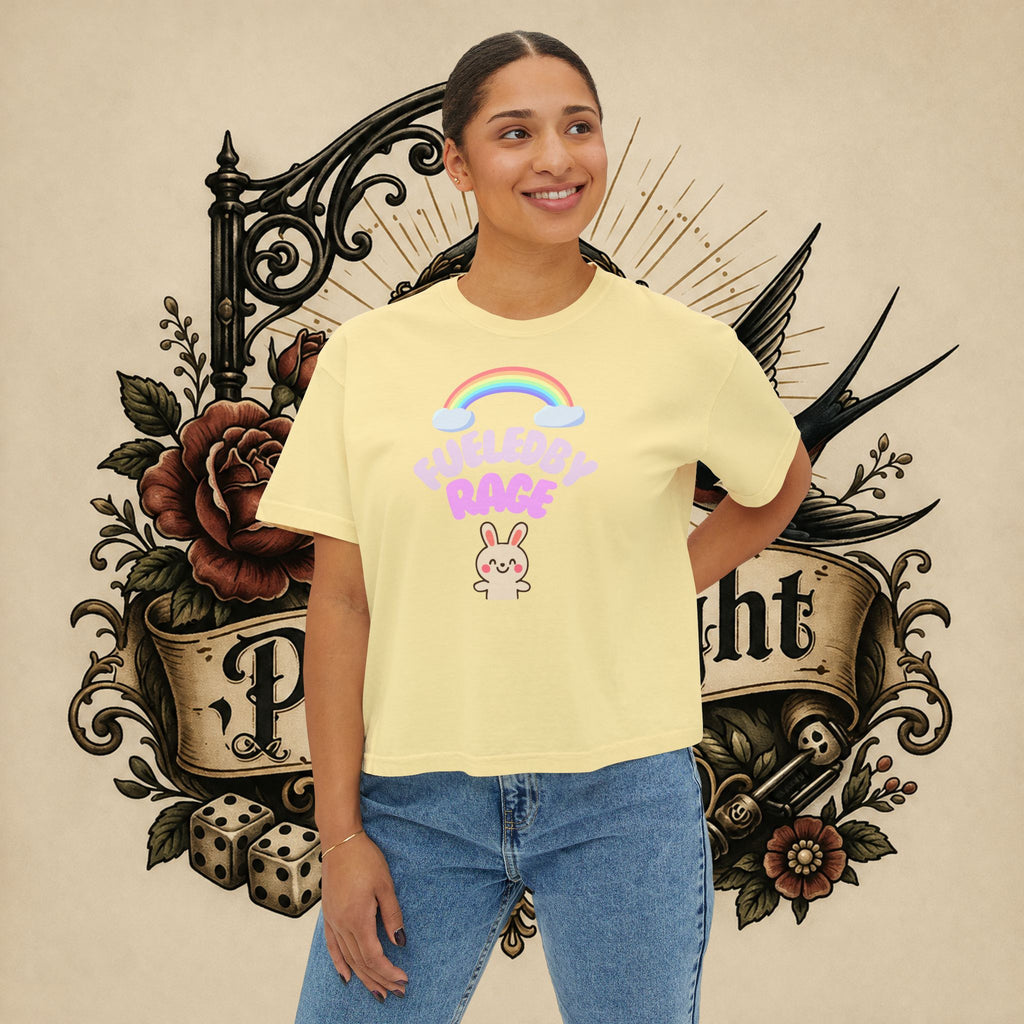 Women's Boxy Tee — "Fueled by Rage" Cute Rainbow Bunny Graphic