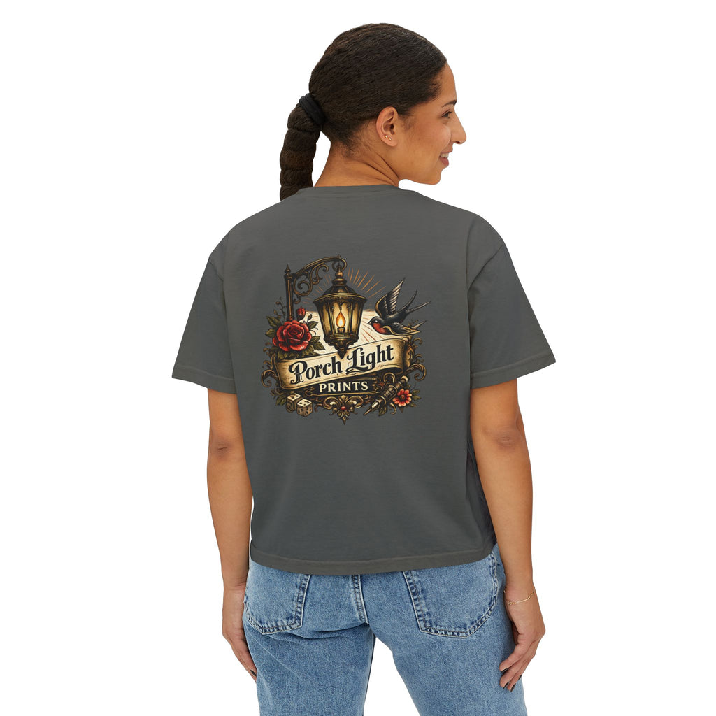 Women's Boxy Tee — Vintage Lantern & Cat Graphic T-Shirt