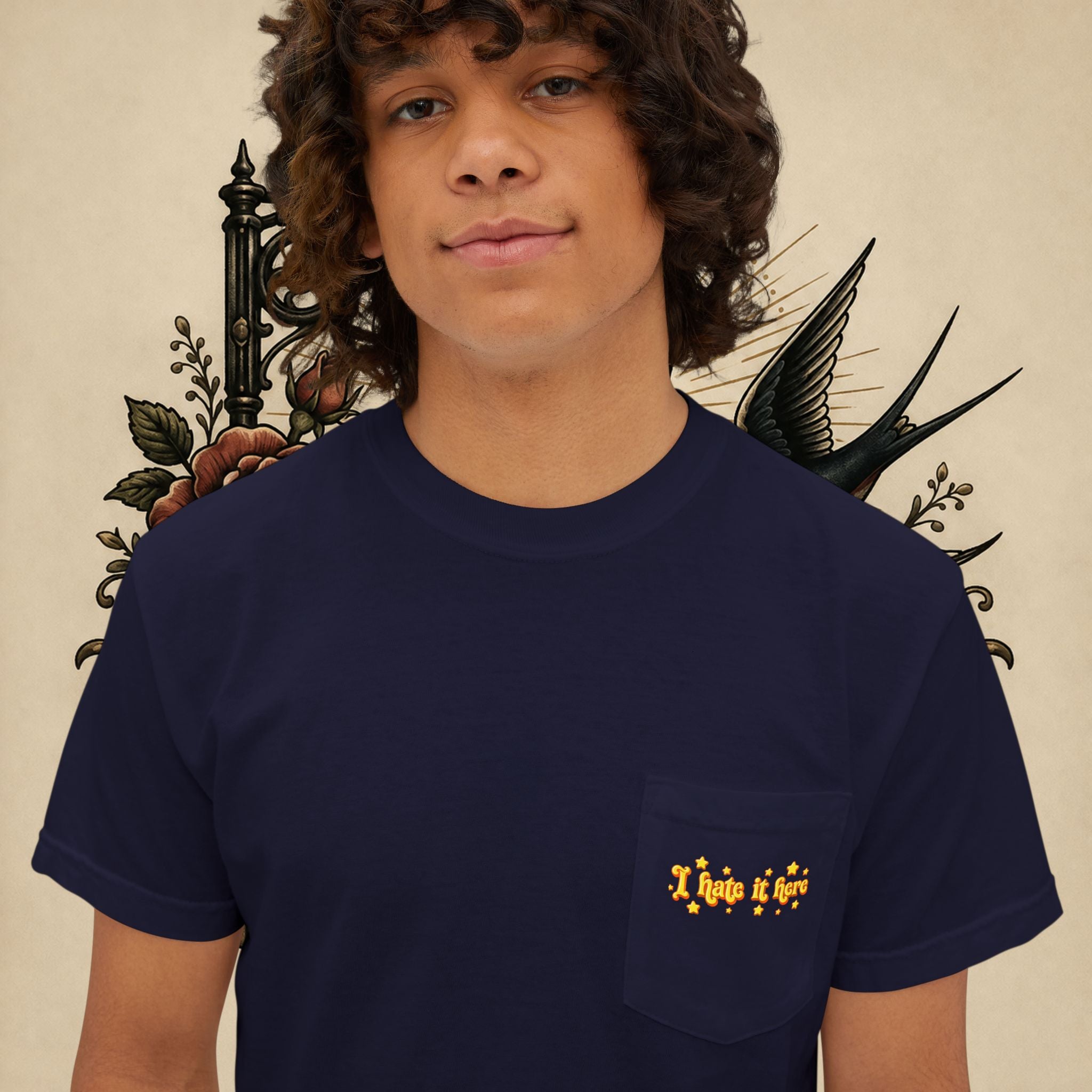I Hate It Here T-Shirt | Pocket Tee with Retro Yellow Script & Stars
