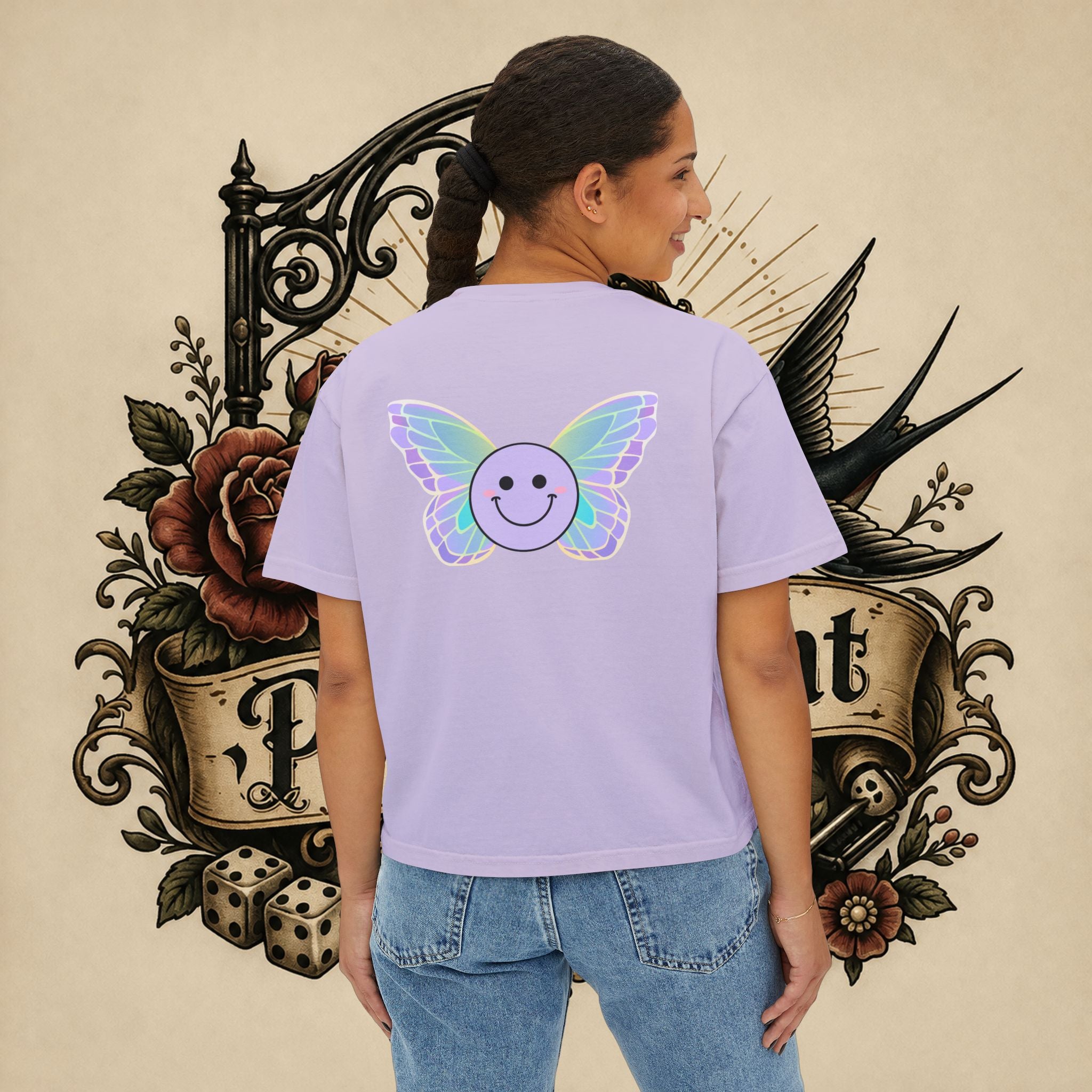 Women's Boxy Tee — "Fueled by Rage" Cute Rainbow Bunny Graphic