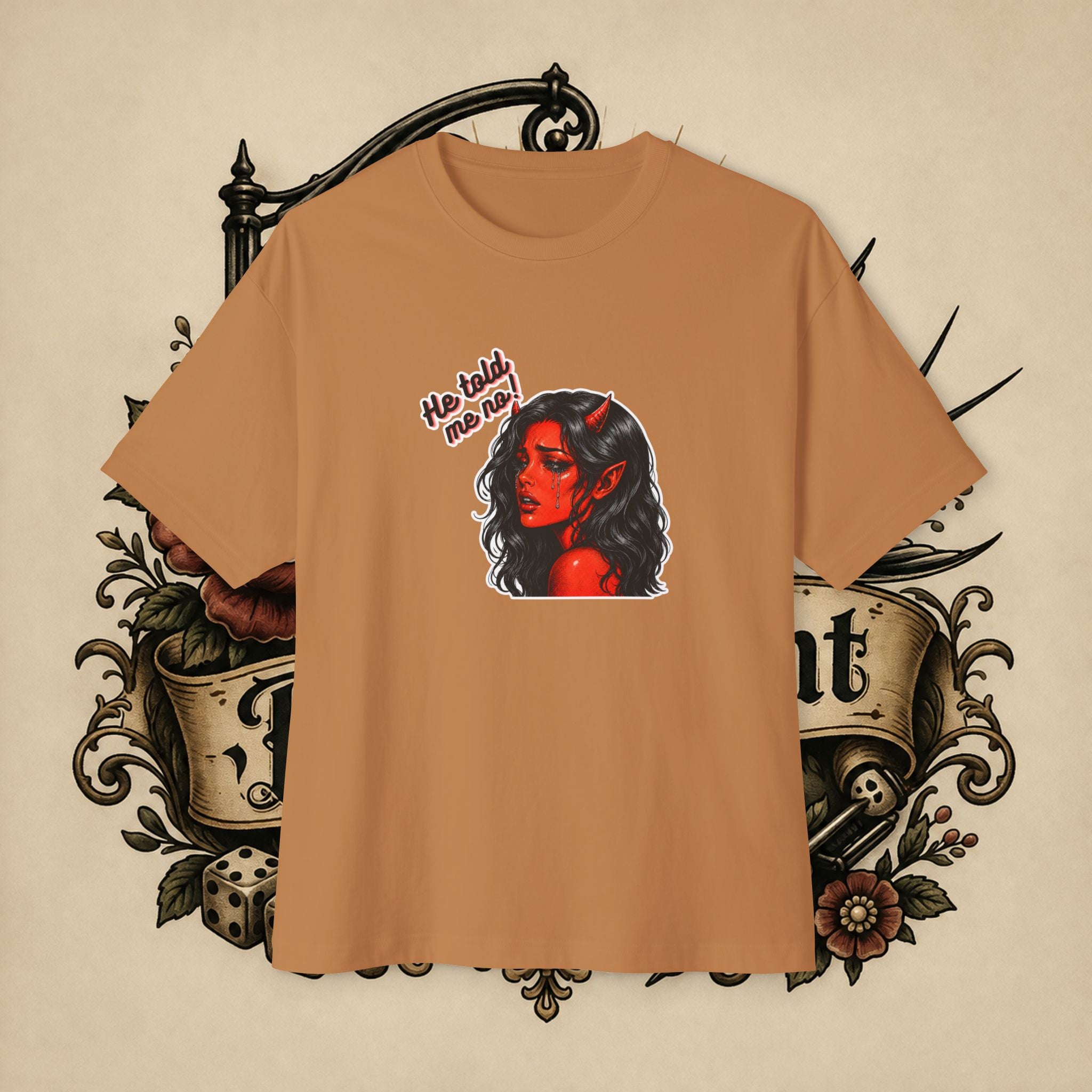 Devil Girl Graphic Tee — "He Told Me No" Oversized Boxy T-Shirt