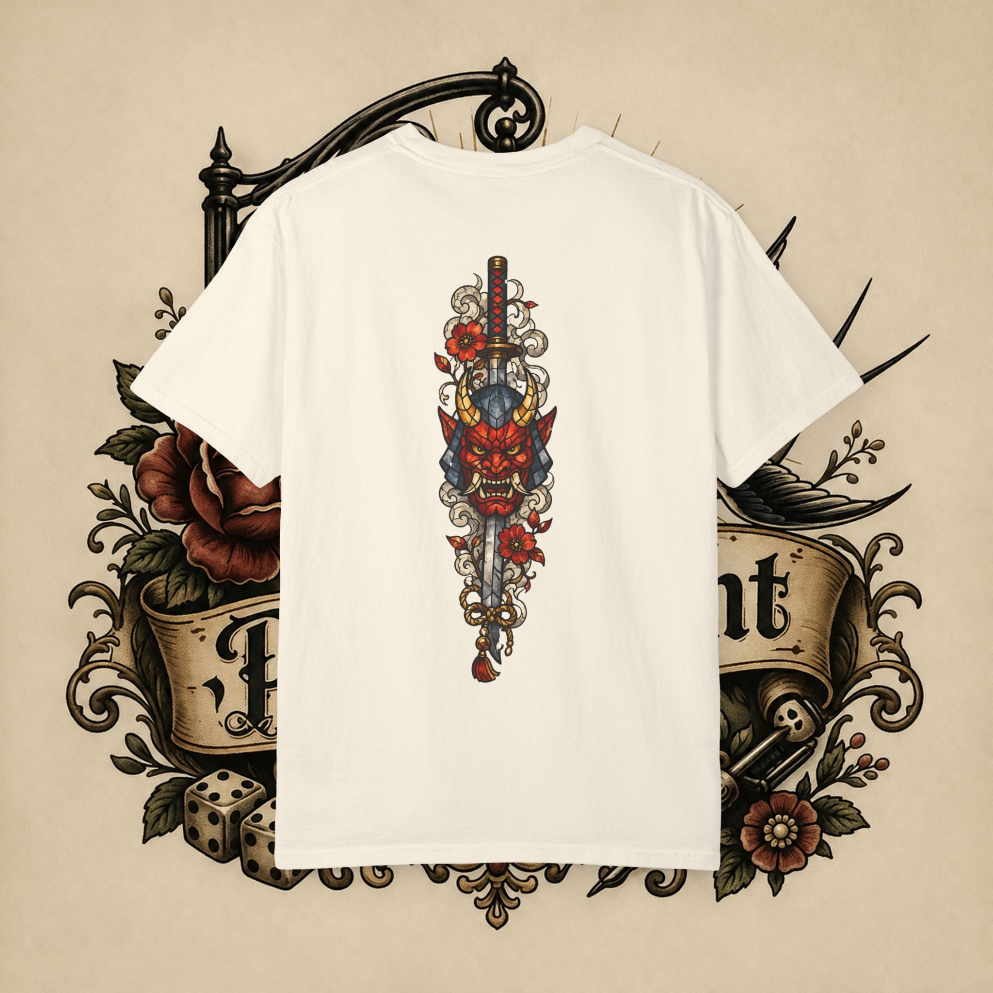 Japanese Text & Oni Mask T-shirt | Samurai Tattoo Back Print