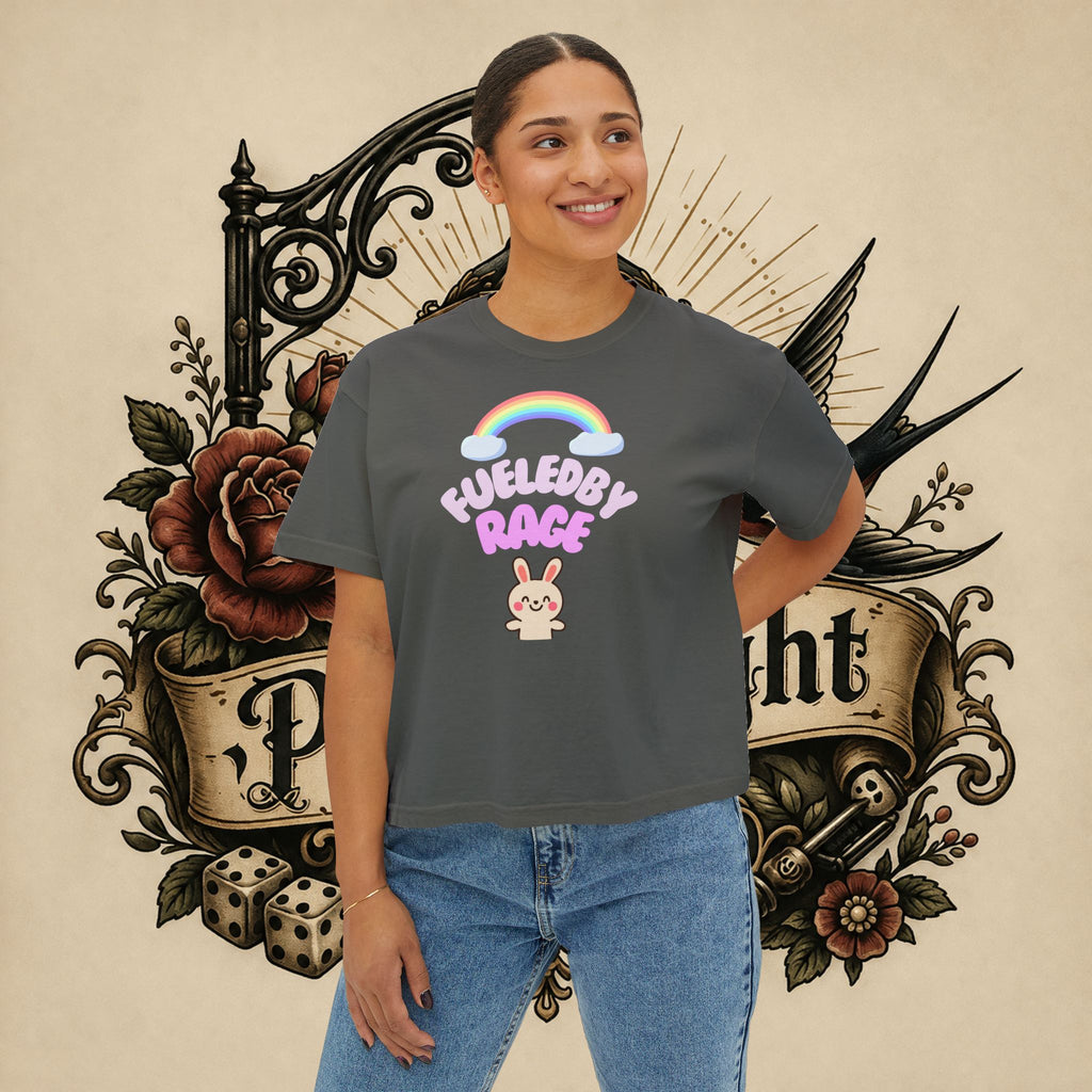 Women's Boxy Tee — "Fueled by Rage" Cute Rainbow Bunny Graphic