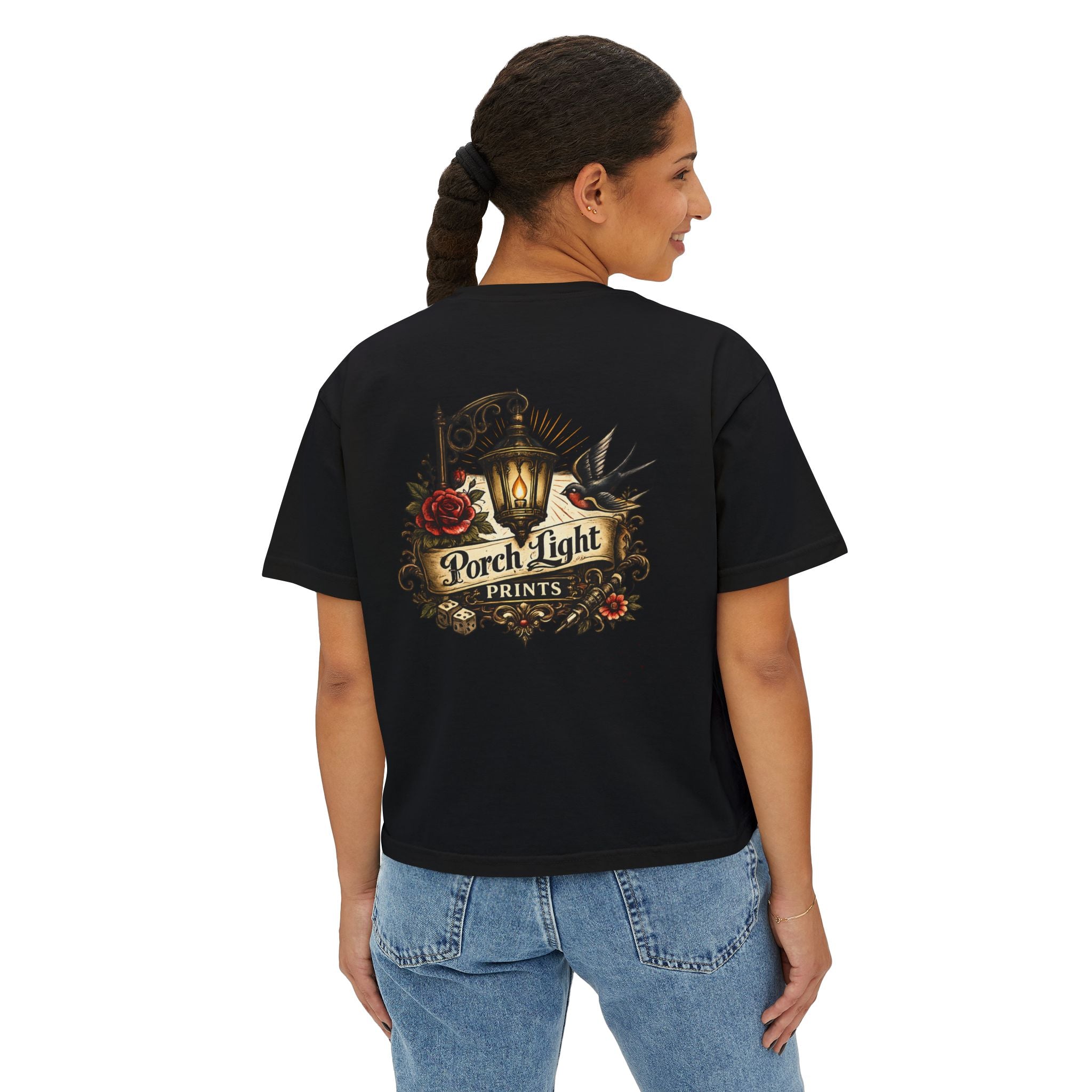 Women's Boxy Tee — Vintage Lantern & Cat Graphic T-Shirt