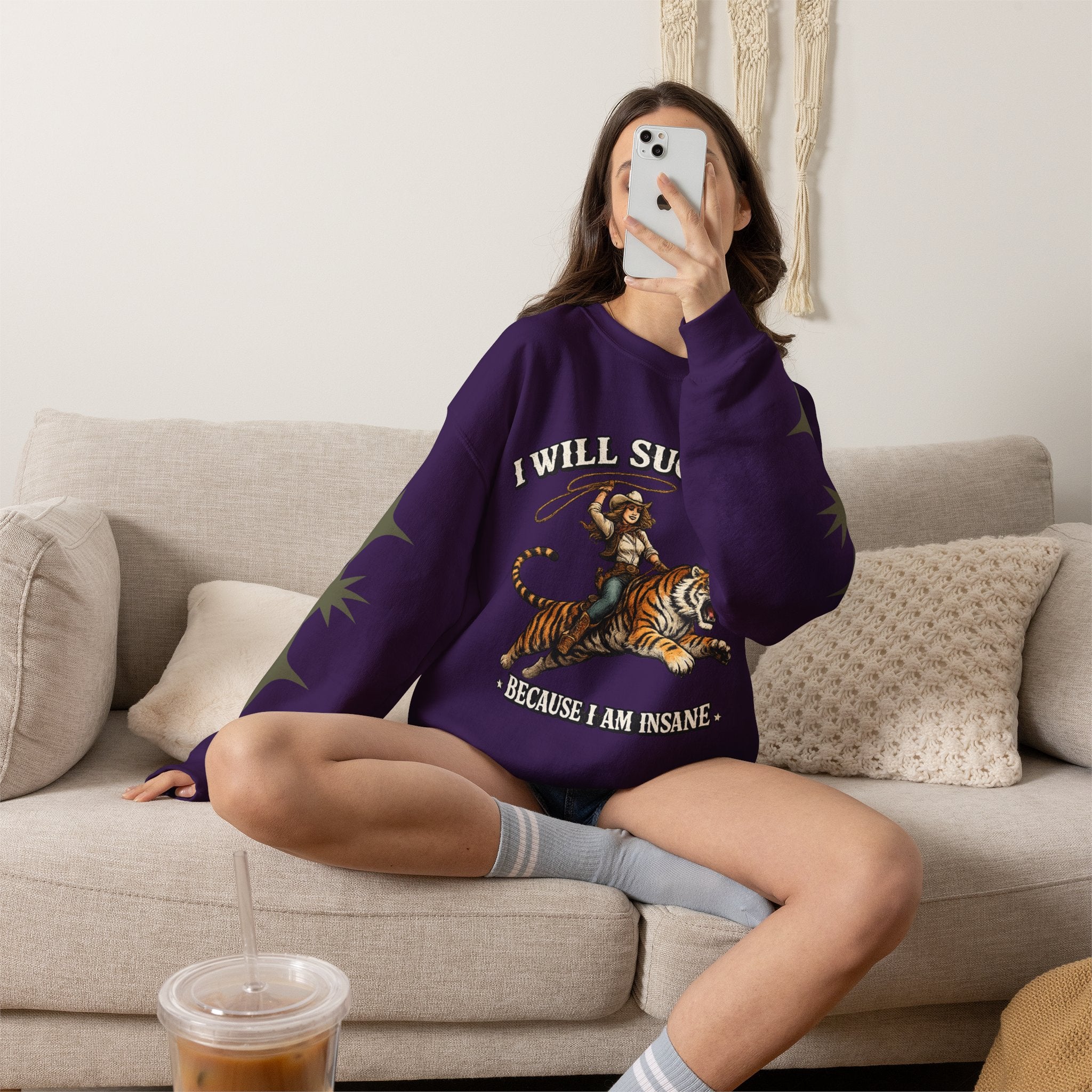 I Will Succeed "Because I Am Insane" Crewneck Sweatshirt — Vintage Tiger Rider Graphic