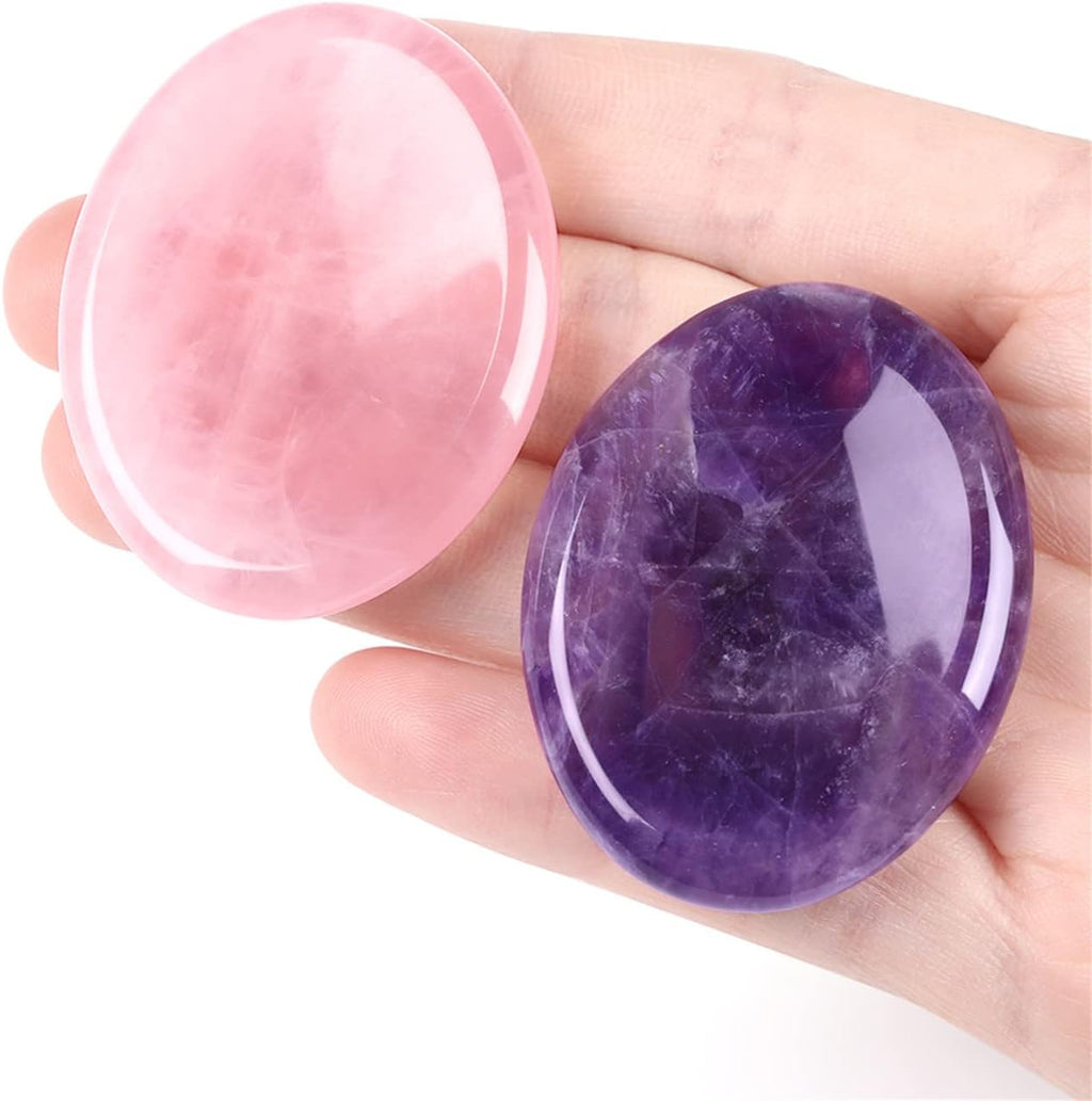 Thumb Worry Stones for Anxiety Stress Relief Items Healing Crystals Natural Amethyst Rose Quartz Crystal Palm Pocket Stone Gemstones Meditation Reiki Spiritual Gifts for Women Men 2PCS