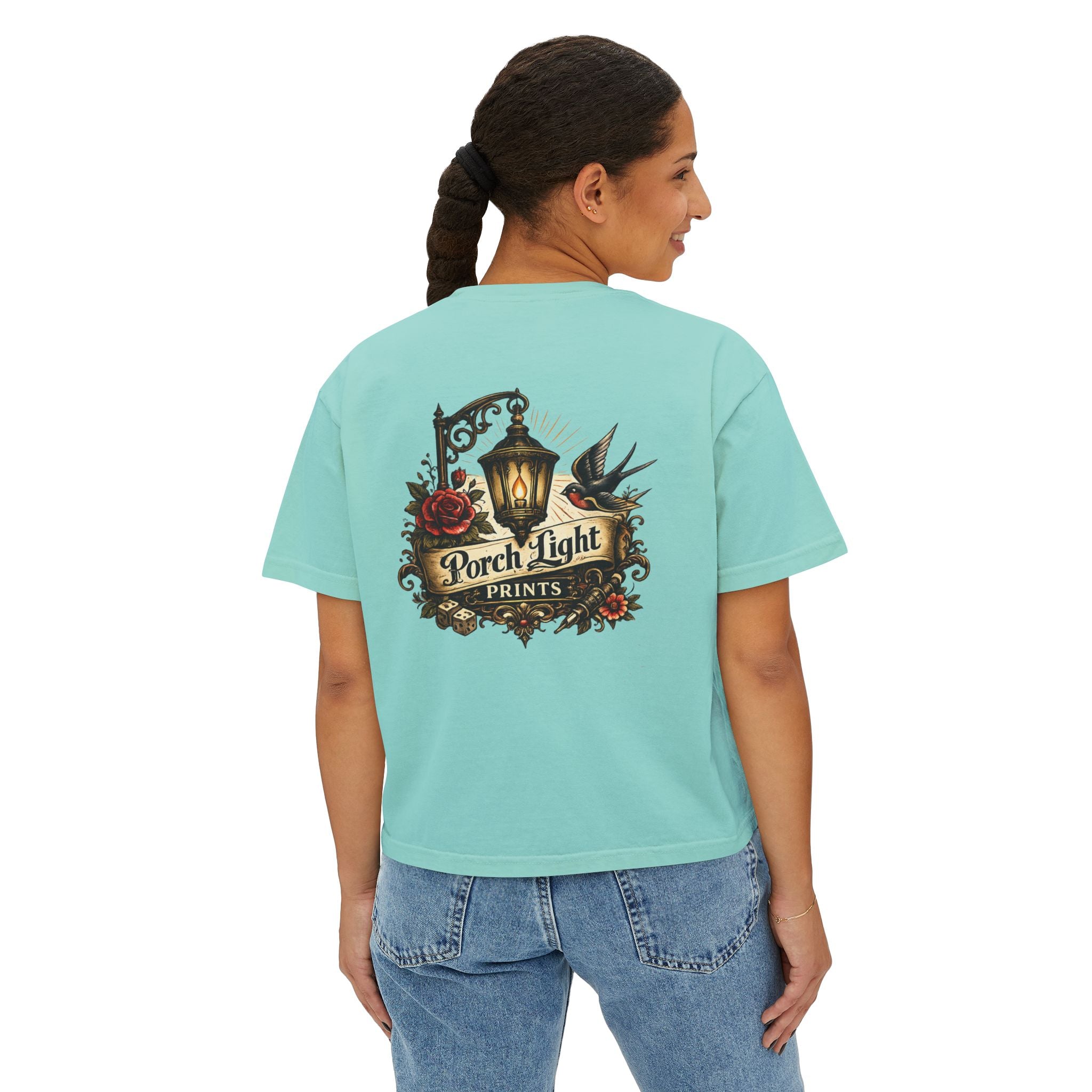 Women's Boxy Tee — Vintage Lantern & Cat Graphic T-Shirt