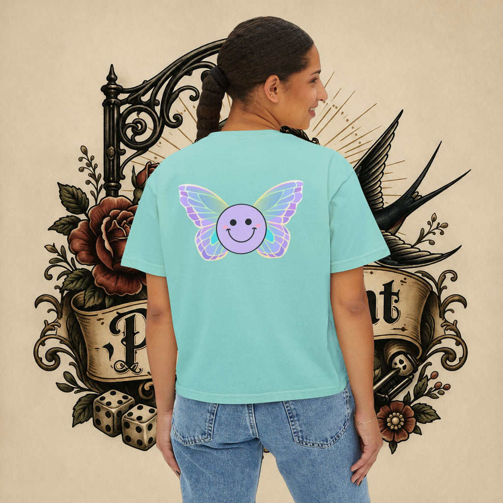 Women's Boxy Tee — "Fueled by Rage" Cute Rainbow Bunny Graphic