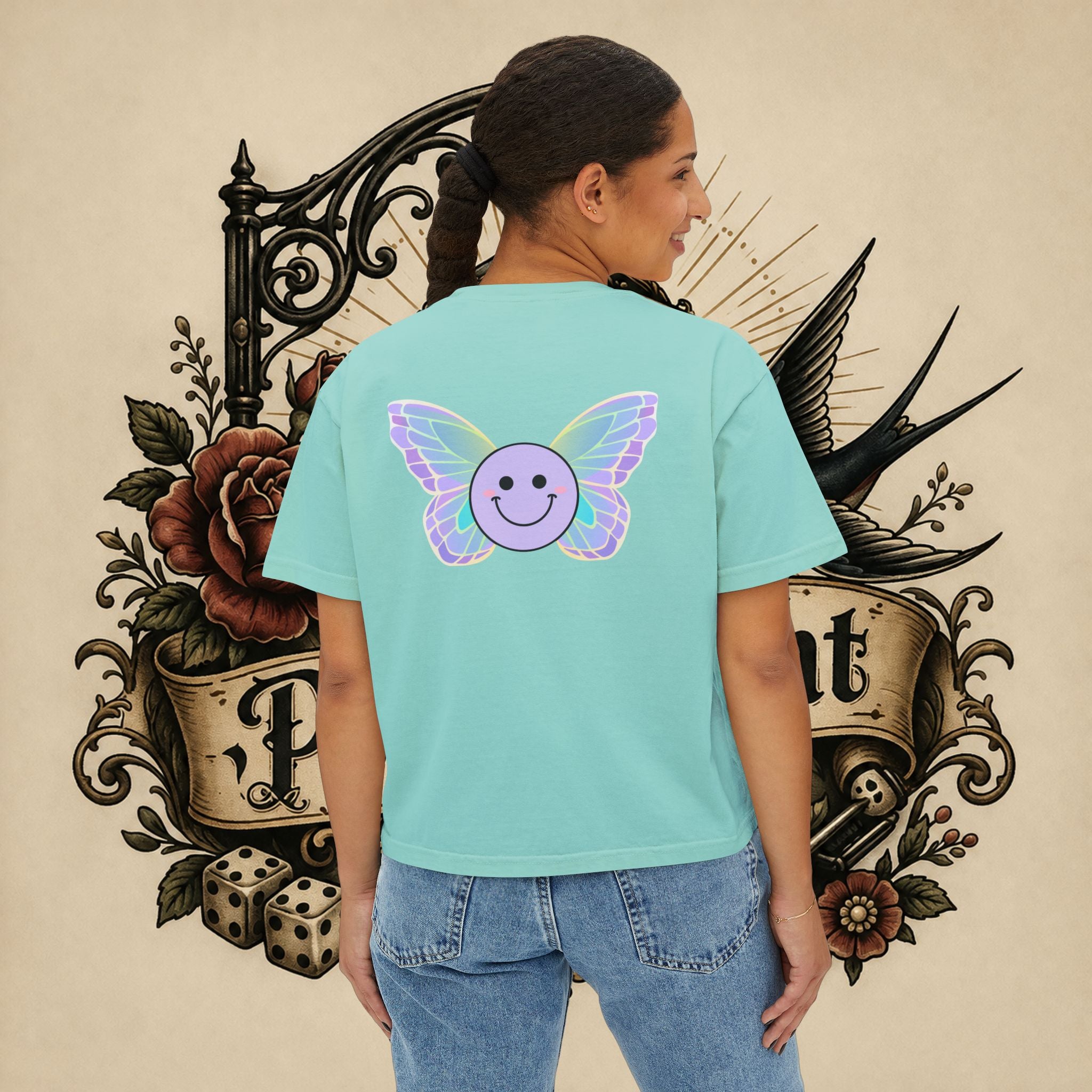 Women's Boxy Tee — "Fueled by Rage" Cute Rainbow Bunny Graphic