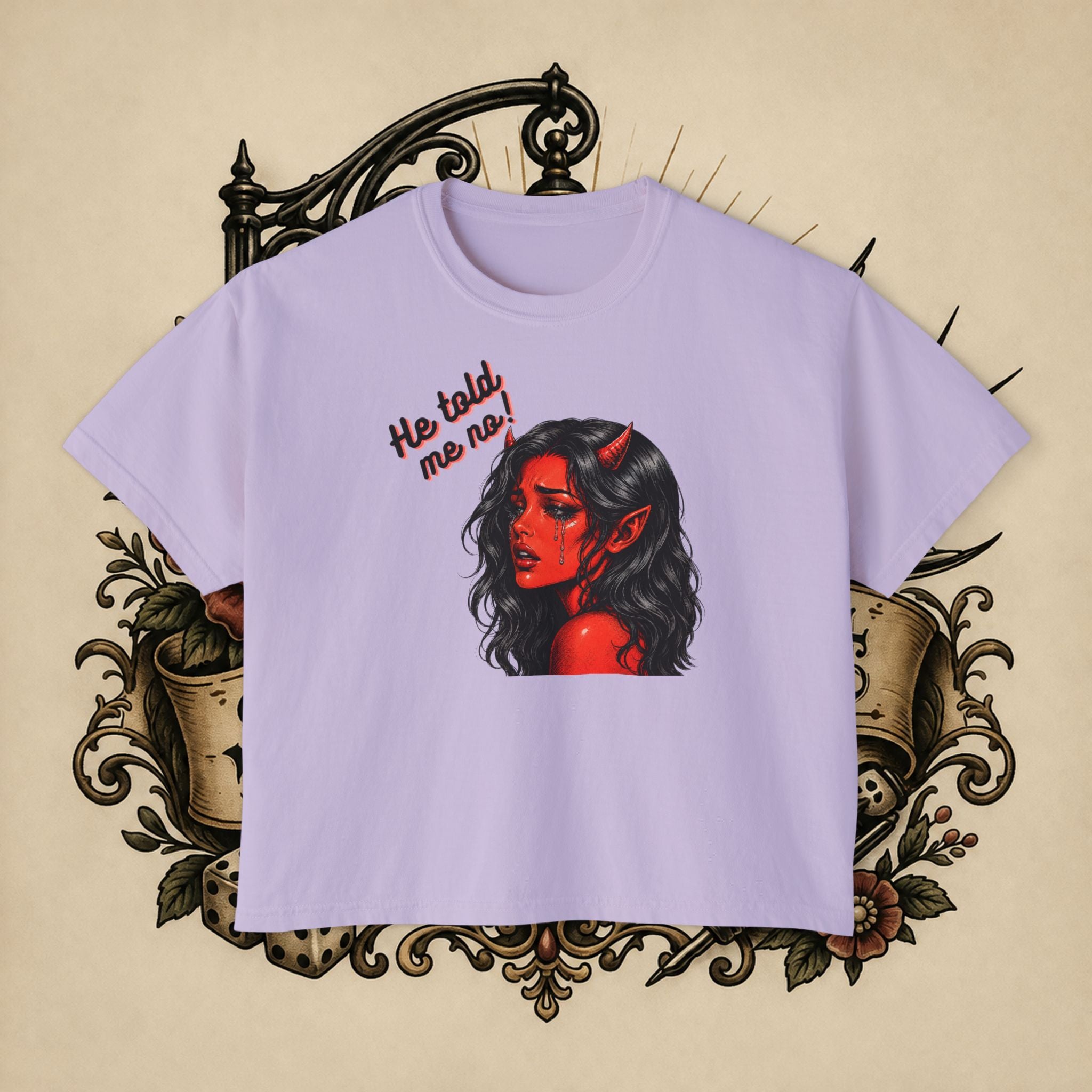 Women's Boxy Tee — Red Devil Girl Graphic "He Told Me No"