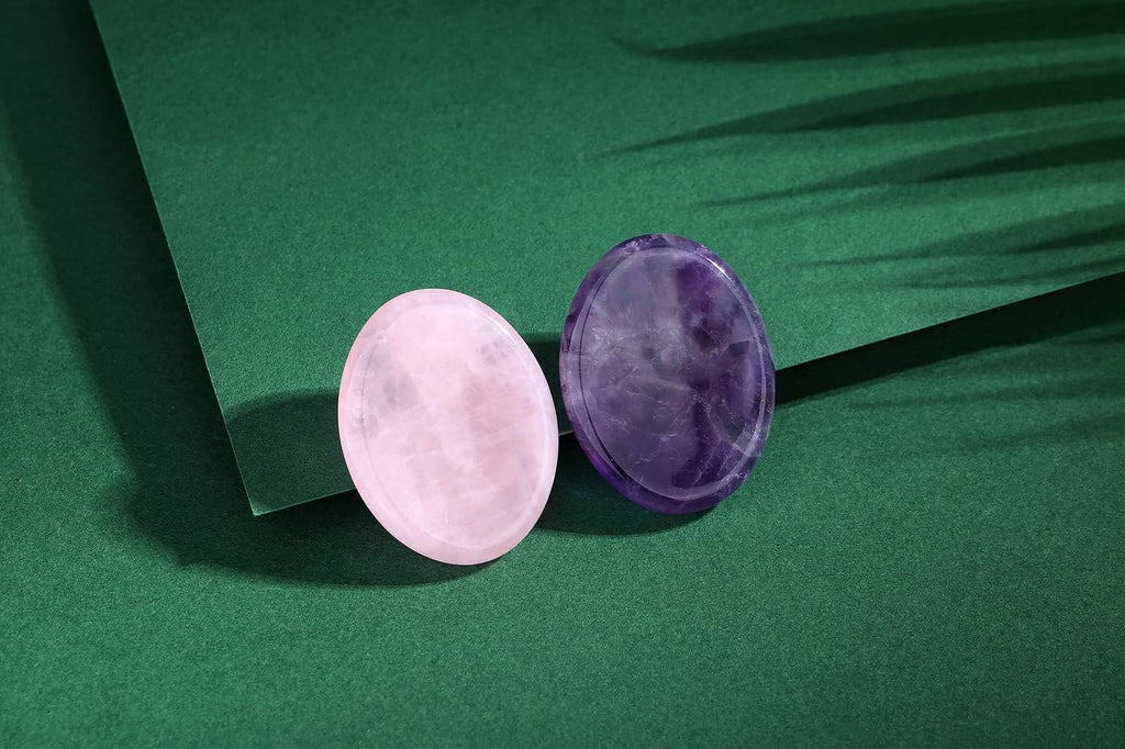Thumb Worry Stones for Anxiety Stress Relief Items Healing Crystals Natural Amethyst Rose Quartz Crystal Palm Pocket Stone Gemstones Meditation Reiki Spiritual Gifts for Women Men 2PCS