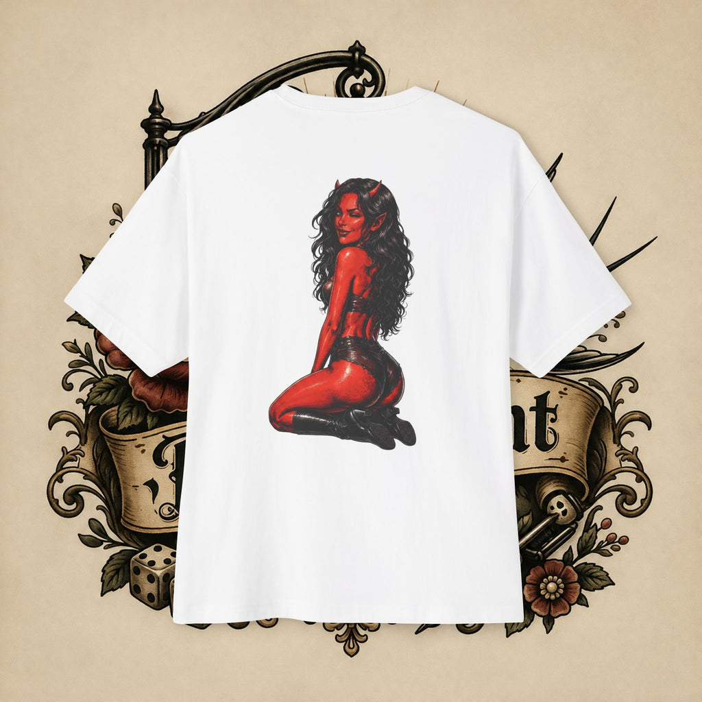 Devil Girl Graphic Tee — "He Told Me No" Oversized Boxy T-Shirt