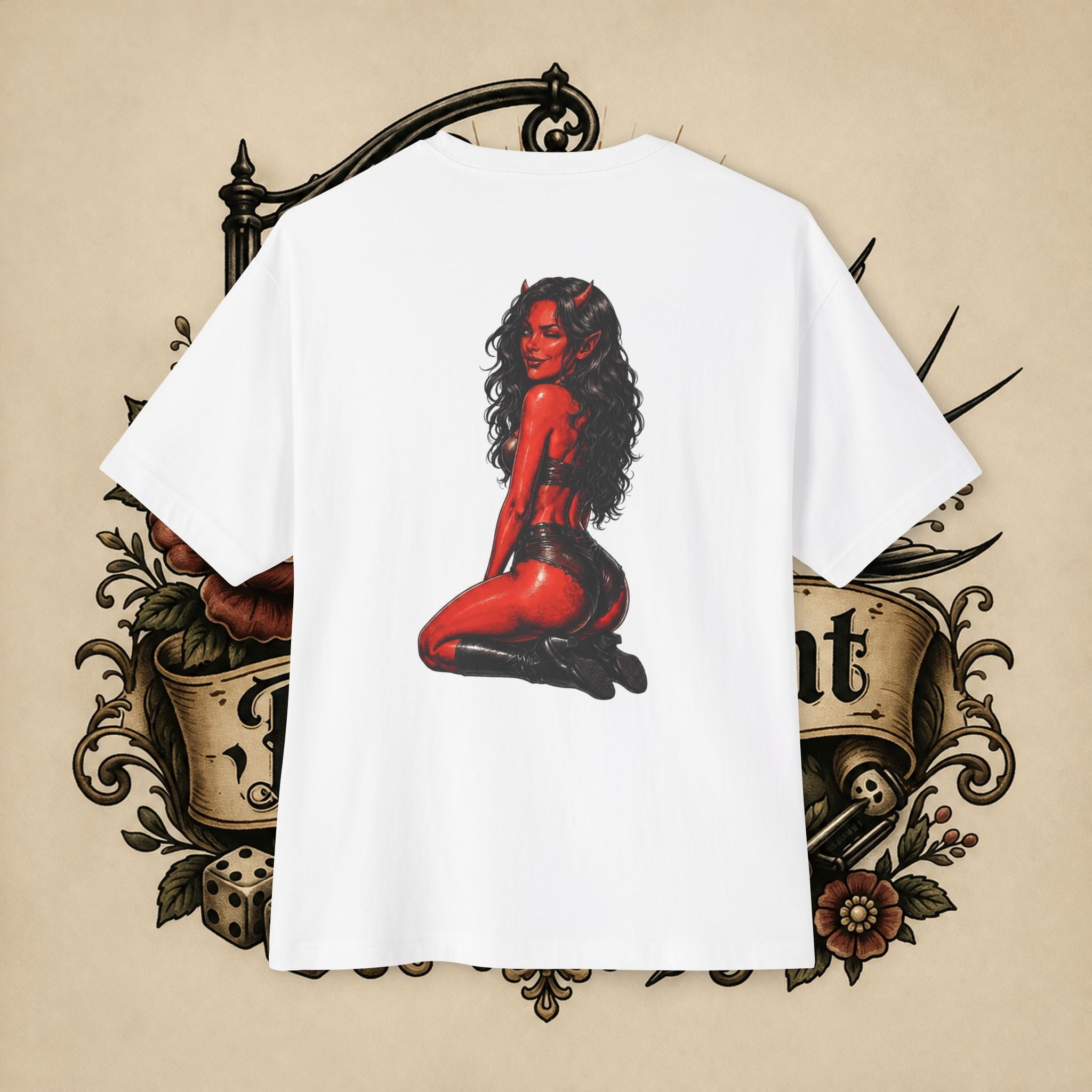 Devil Girl Graphic Tee — "He Told Me No" Oversized Boxy T-Shirt