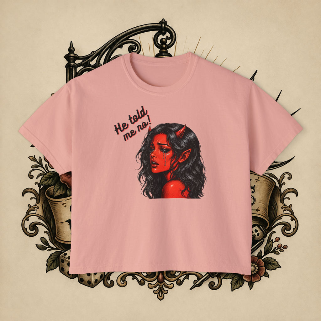 Women's Boxy Tee — Red Devil Girl Graphic "He Told Me No"