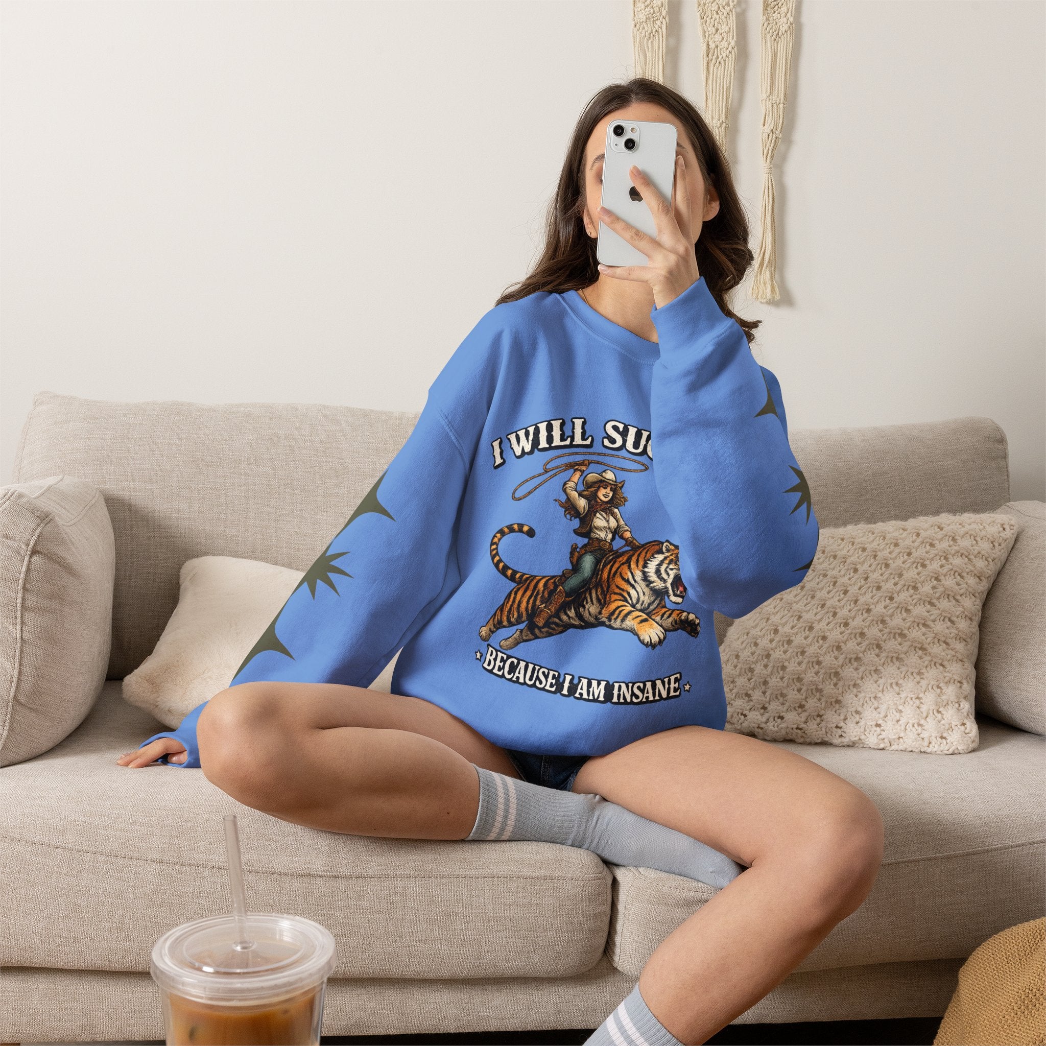 I Will Succeed "Because I Am Insane" Crewneck Sweatshirt — Vintage Tiger Rider Graphic