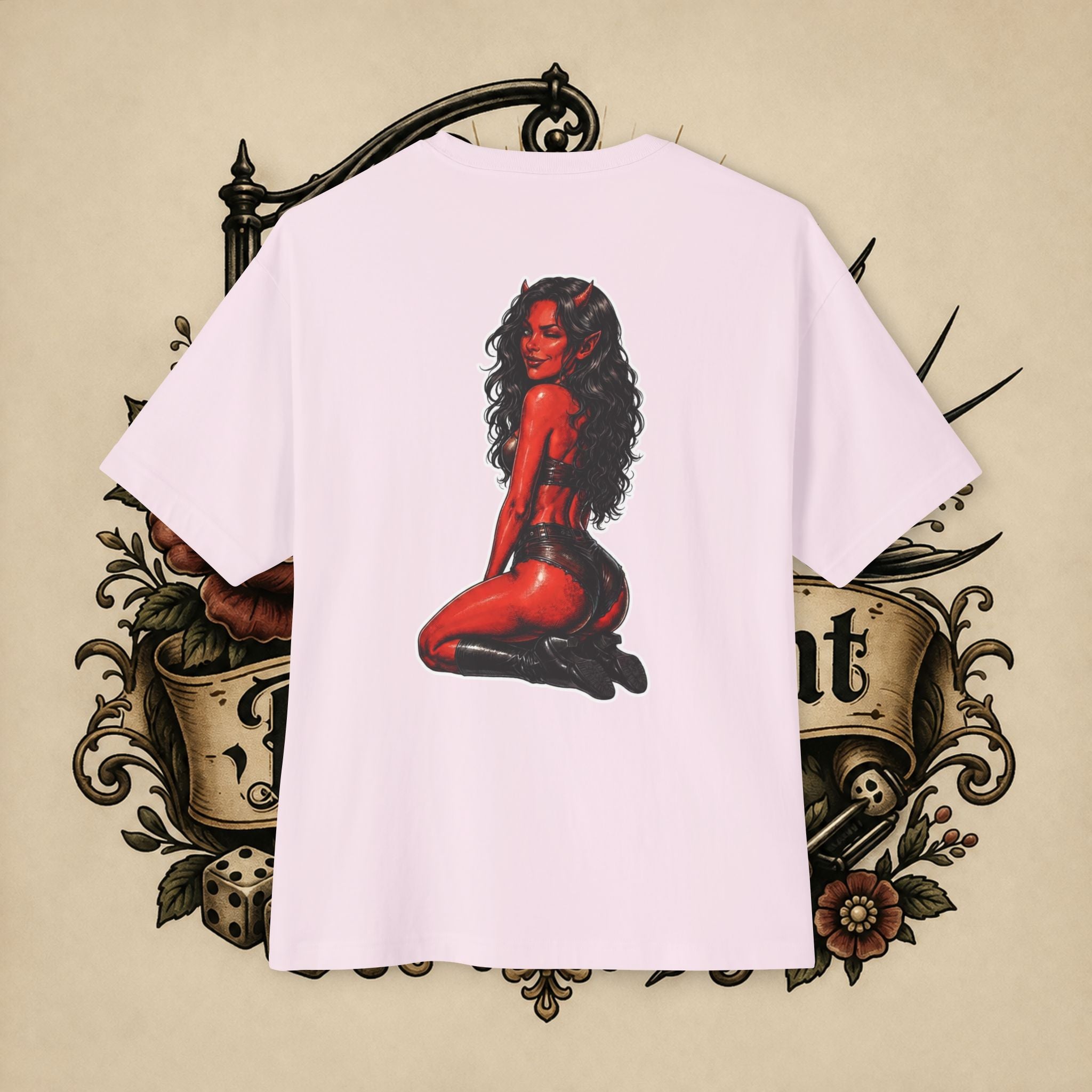 Devil Girl Graphic Tee — "He Told Me No" Oversized Boxy T-Shirt