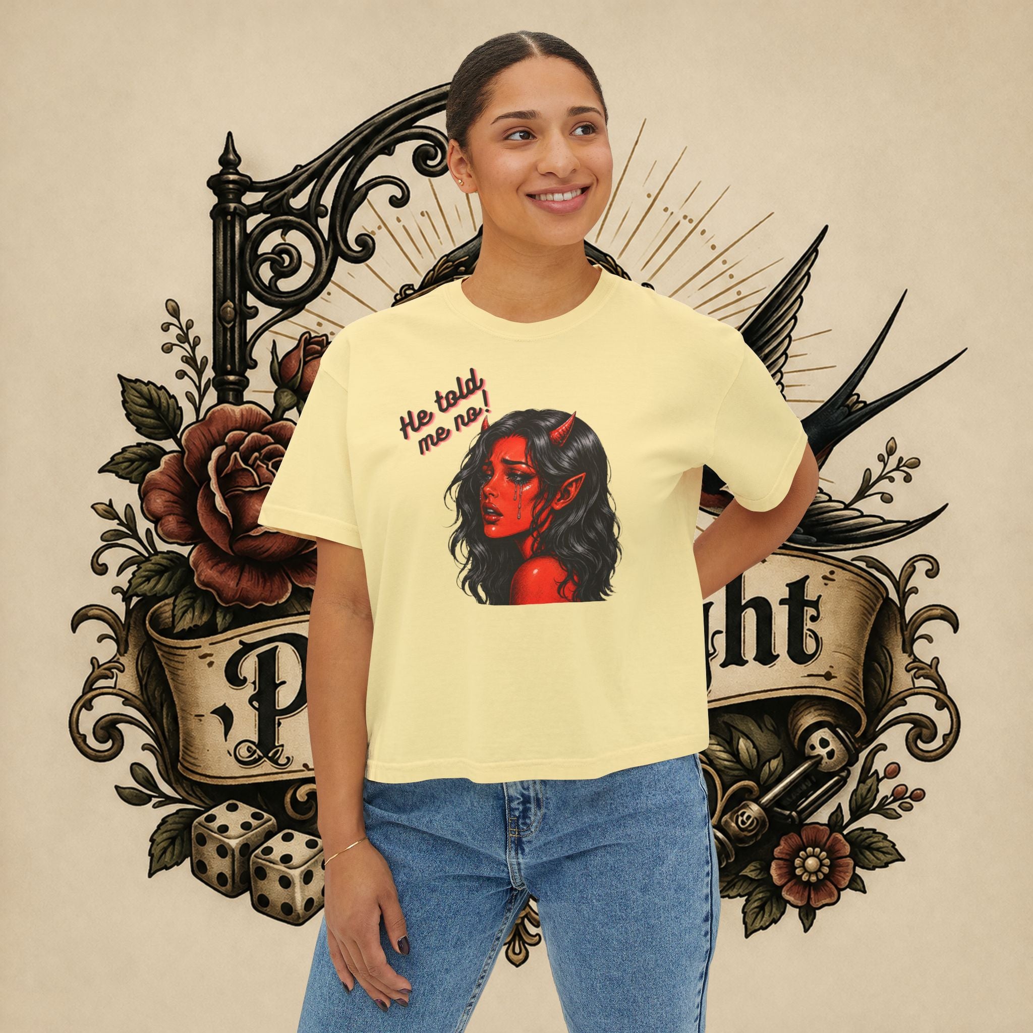 Women's Boxy Tee — Red Devil Girl Graphic "He Told Me No"
