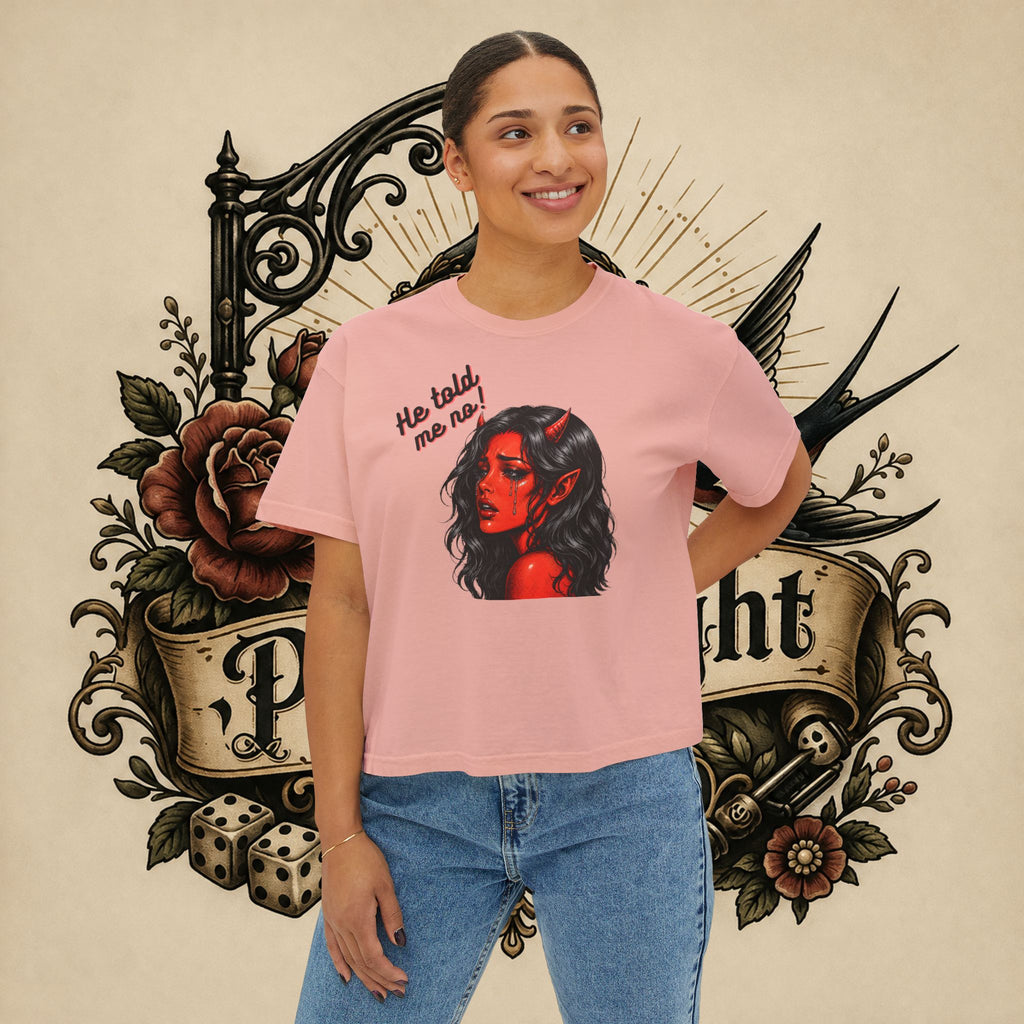 Women's Boxy Tee — Red Devil Girl Graphic "He Told Me No"