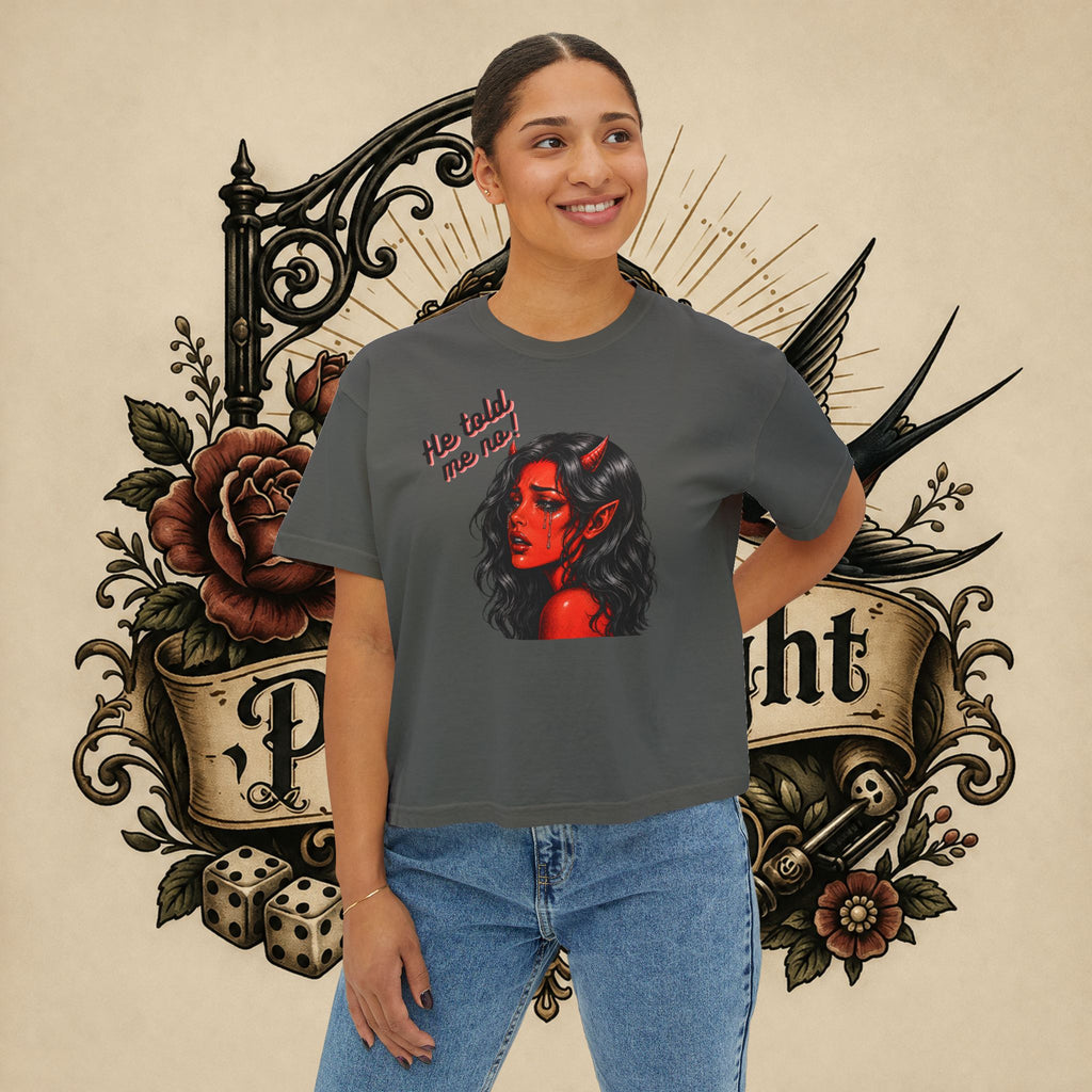 Women's Boxy Tee — Red Devil Girl Graphic "He Told Me No"
