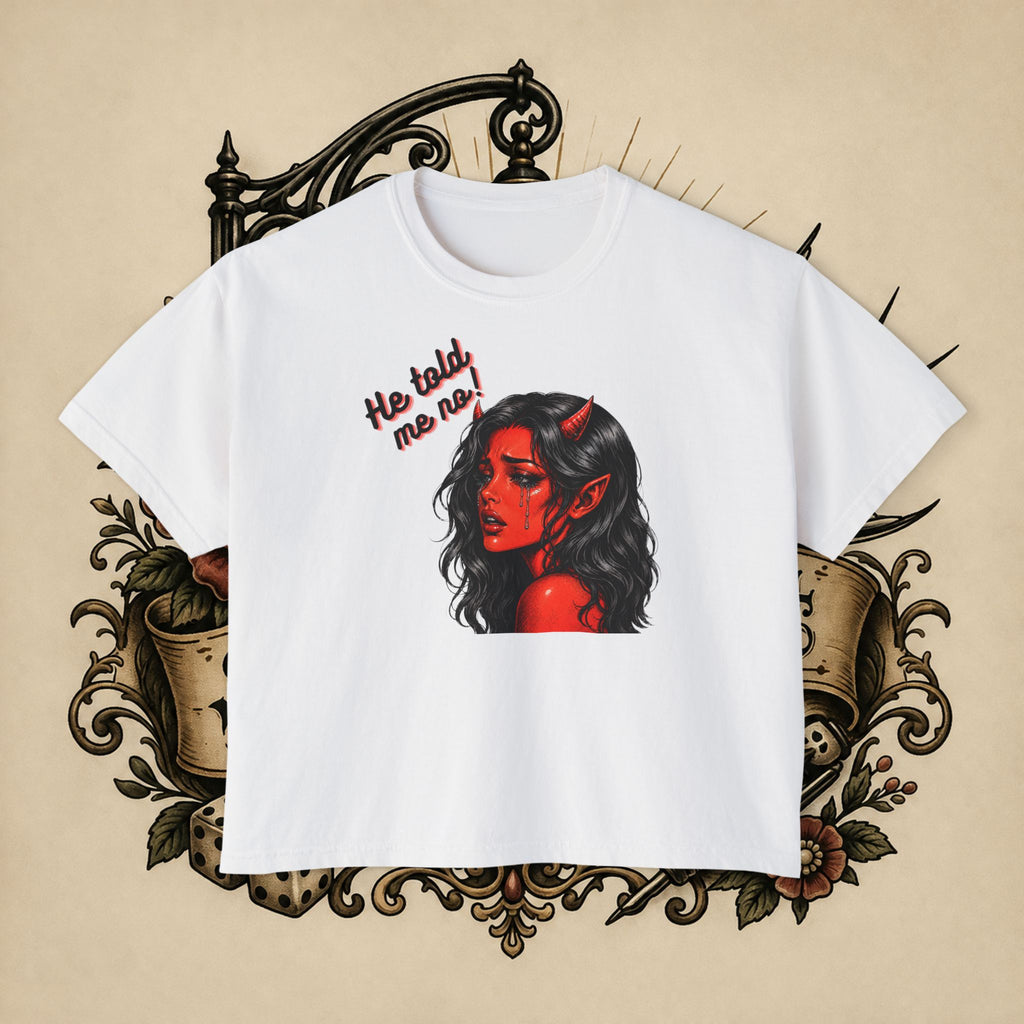 Women's Boxy Tee — Red Devil Girl Graphic "He Told Me No"