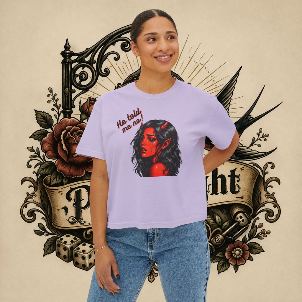 Women's Boxy Tee — Red Devil Girl Graphic "He Told Me No"