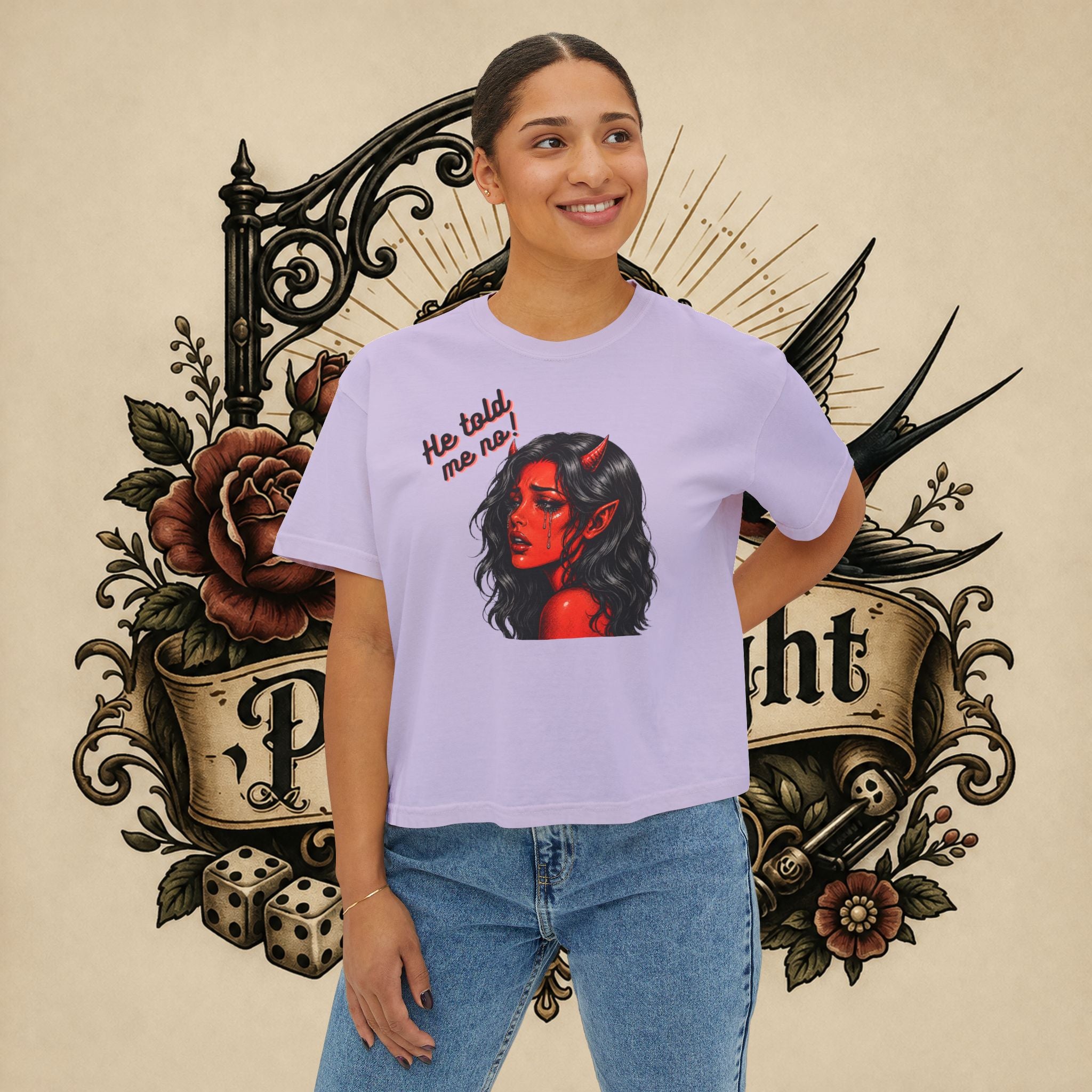 Women's Boxy Tee — Red Devil Girl Graphic "He Told Me No"