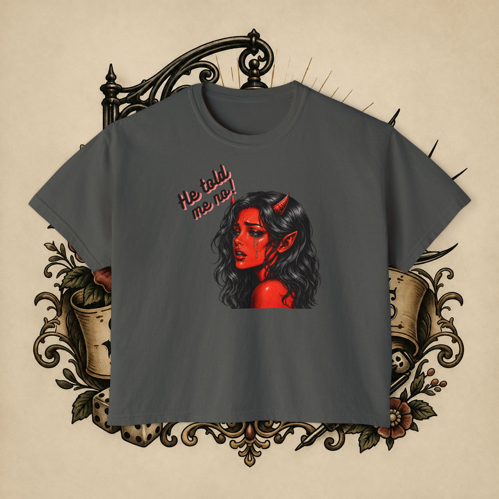 Women's Boxy Tee — Red Devil Girl Graphic "He Told Me No"