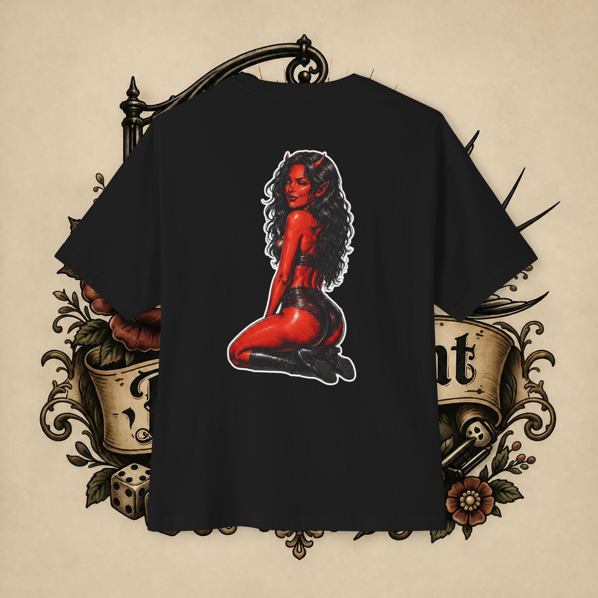 Devil Girl Graphic Tee — "He Told Me No" Oversized Boxy T-Shirt