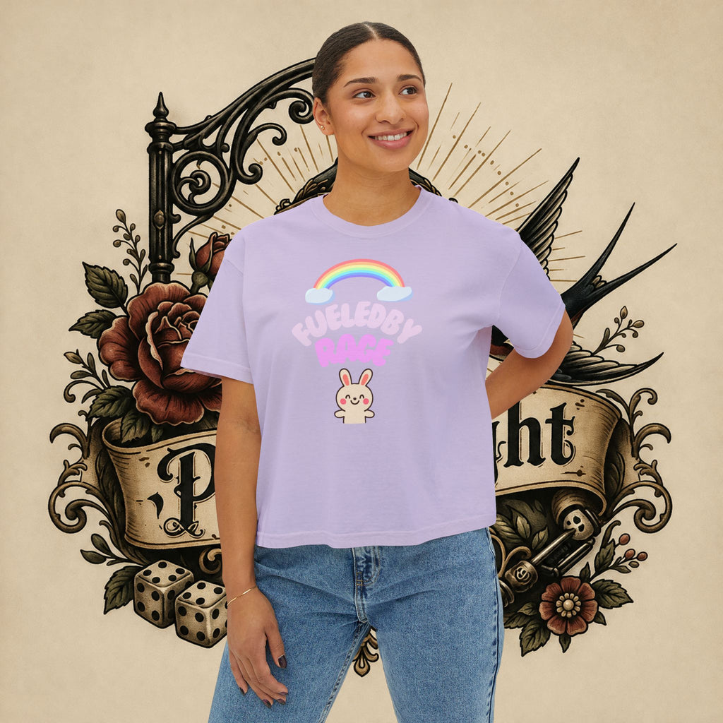 Women's Boxy Tee — "Fueled by Rage" Cute Rainbow Bunny Graphic