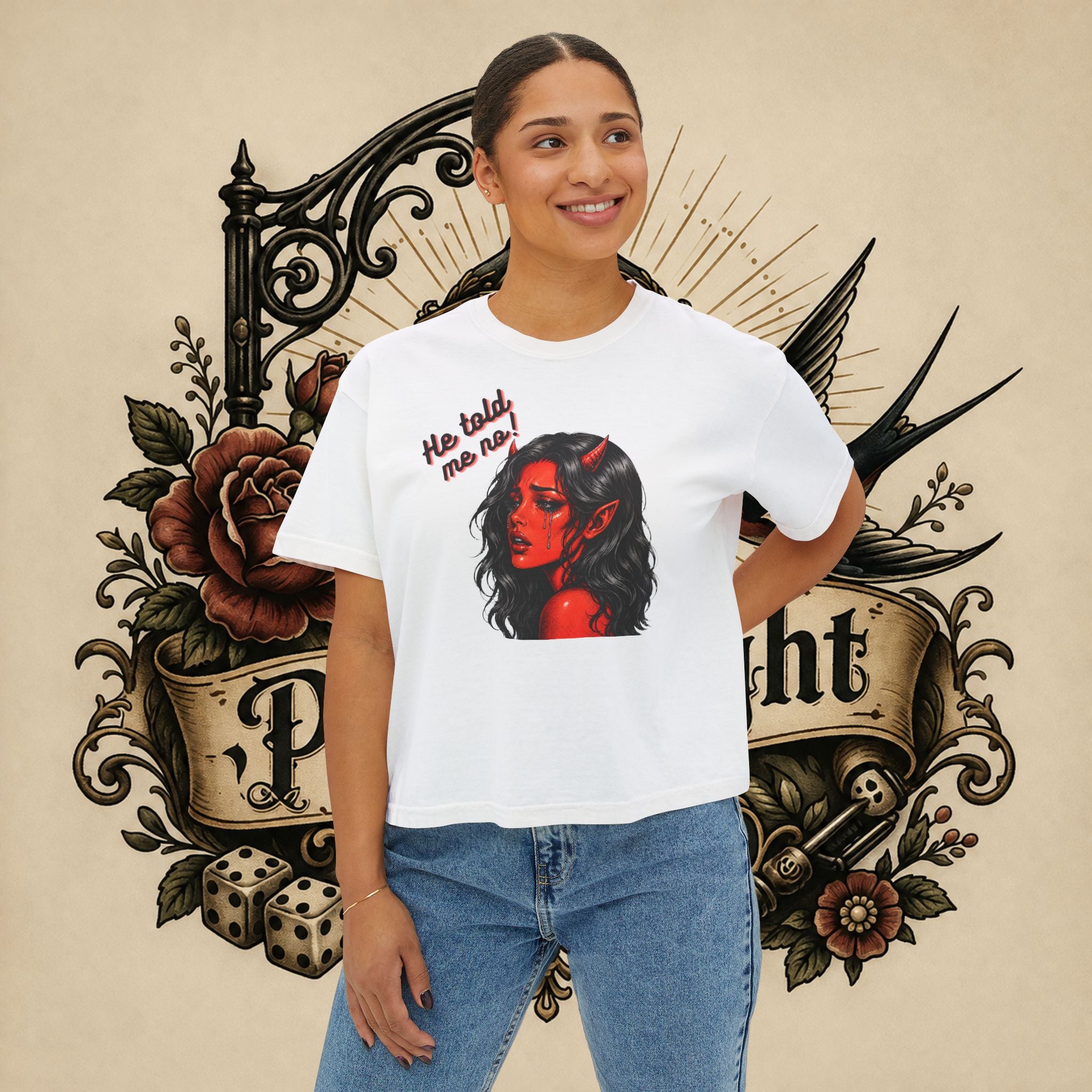 Women's Boxy Tee — Red Devil Girl Graphic "He Told Me No"