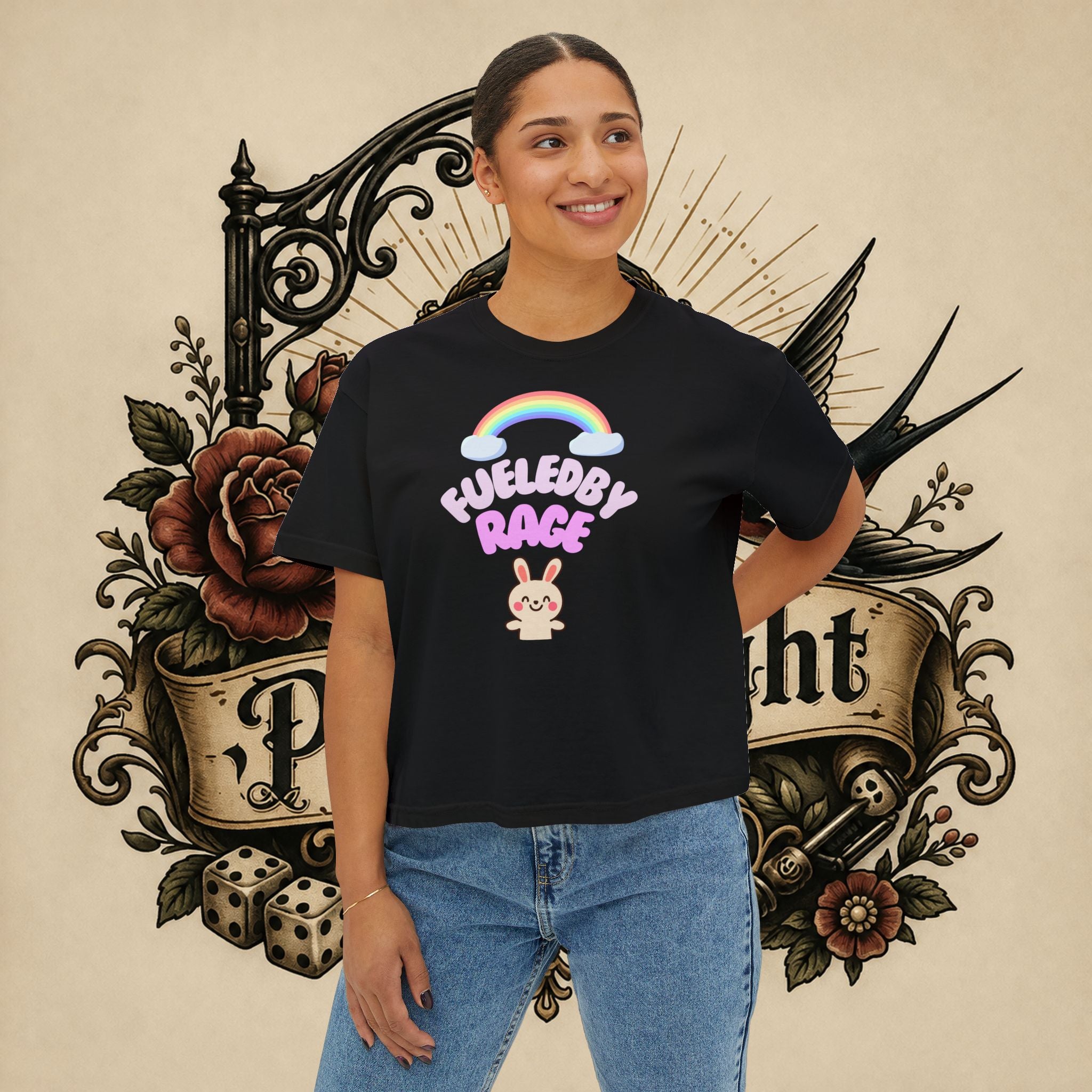 Women's Boxy Tee — "Fueled by Rage" Cute Rainbow Bunny Graphic