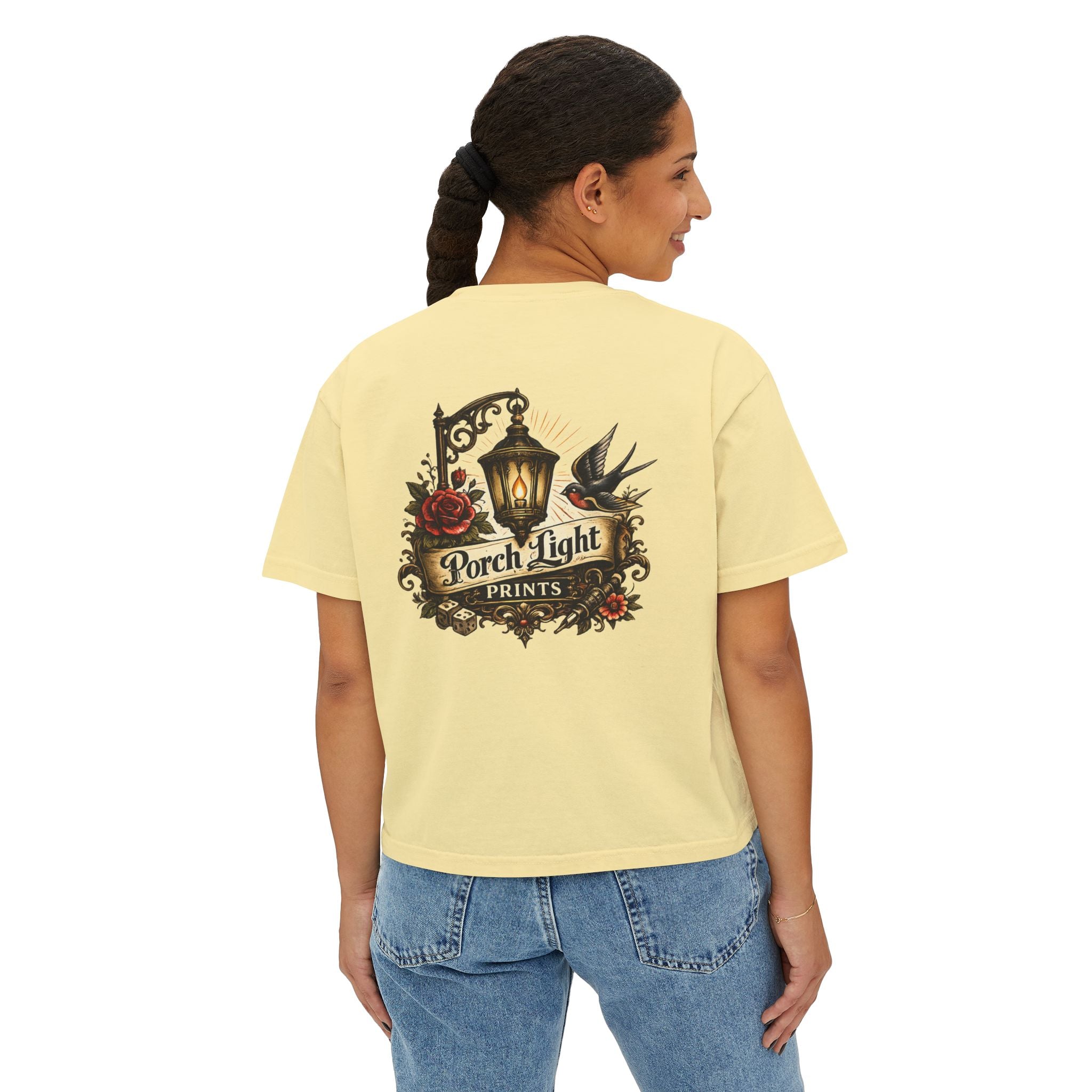 Women's Boxy Tee — Vintage Lantern & Cat Graphic T-Shirt