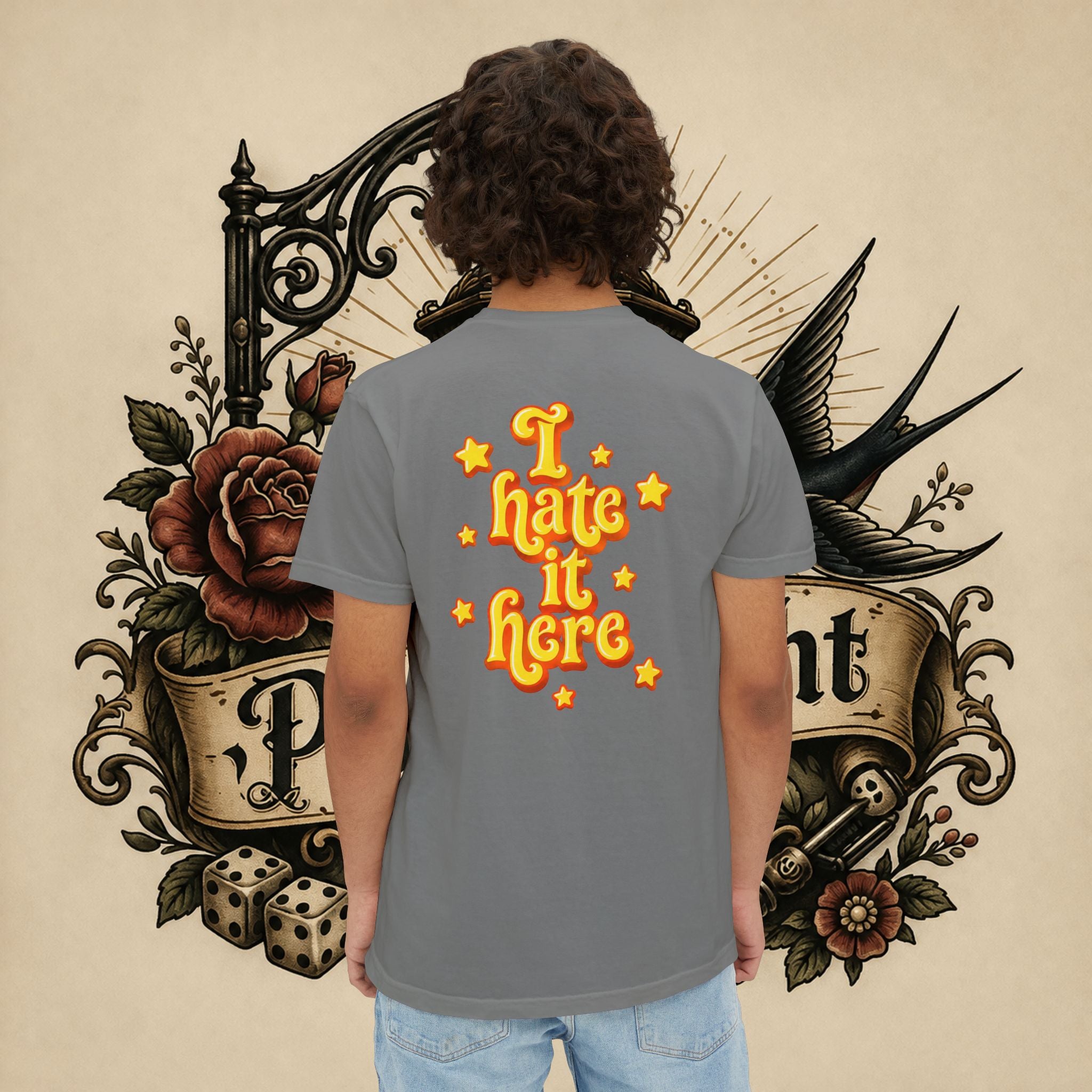 I Hate It Here T-Shirt | Pocket Tee with Retro Yellow Script & Stars