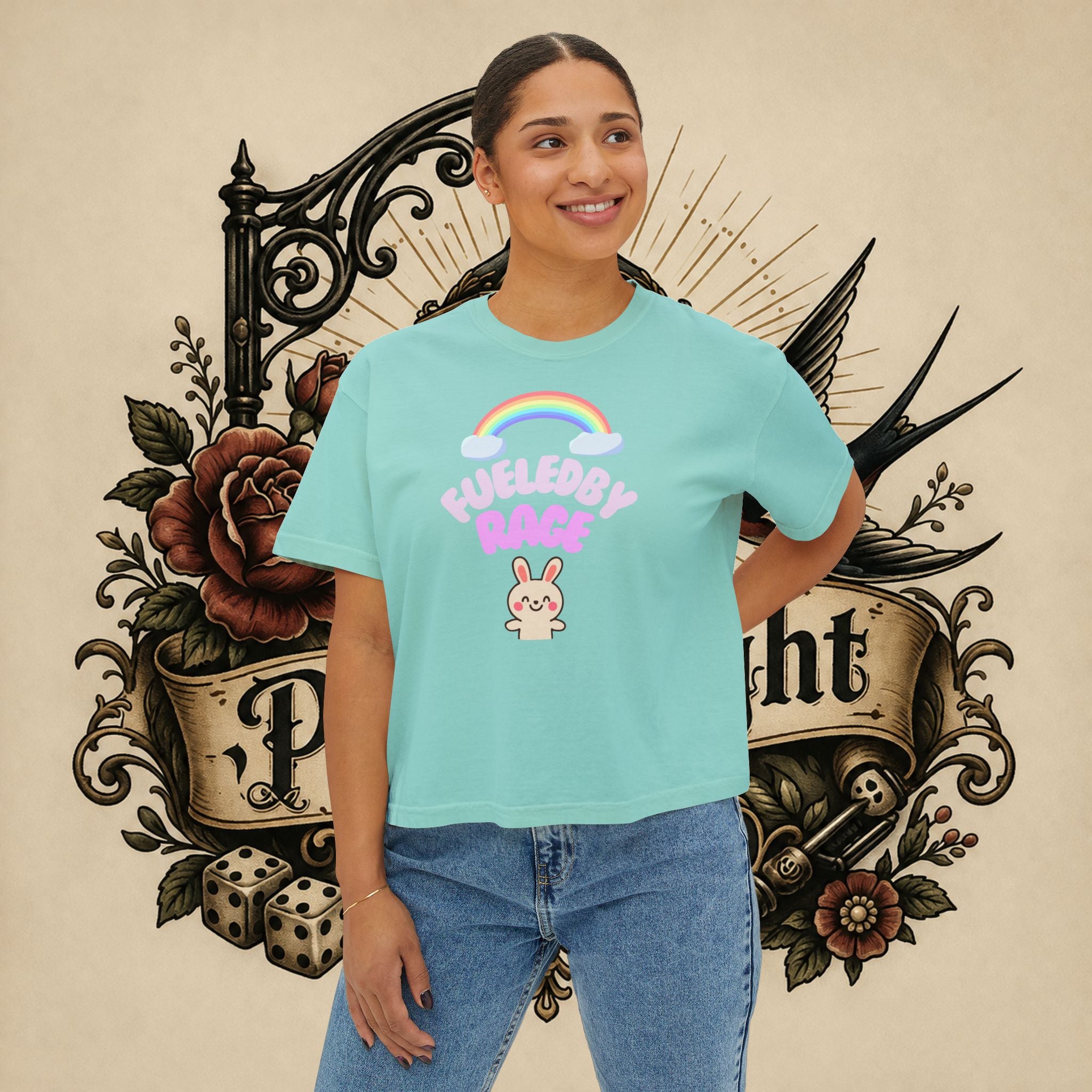 Women's Boxy Tee — "Fueled by Rage" Cute Rainbow Bunny Graphic