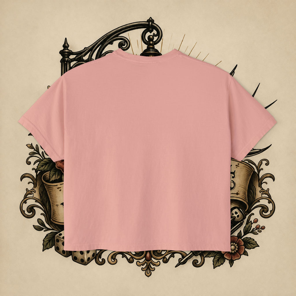 Women's Boxy Tee — Red Devil Girl Graphic "He Told Me No"